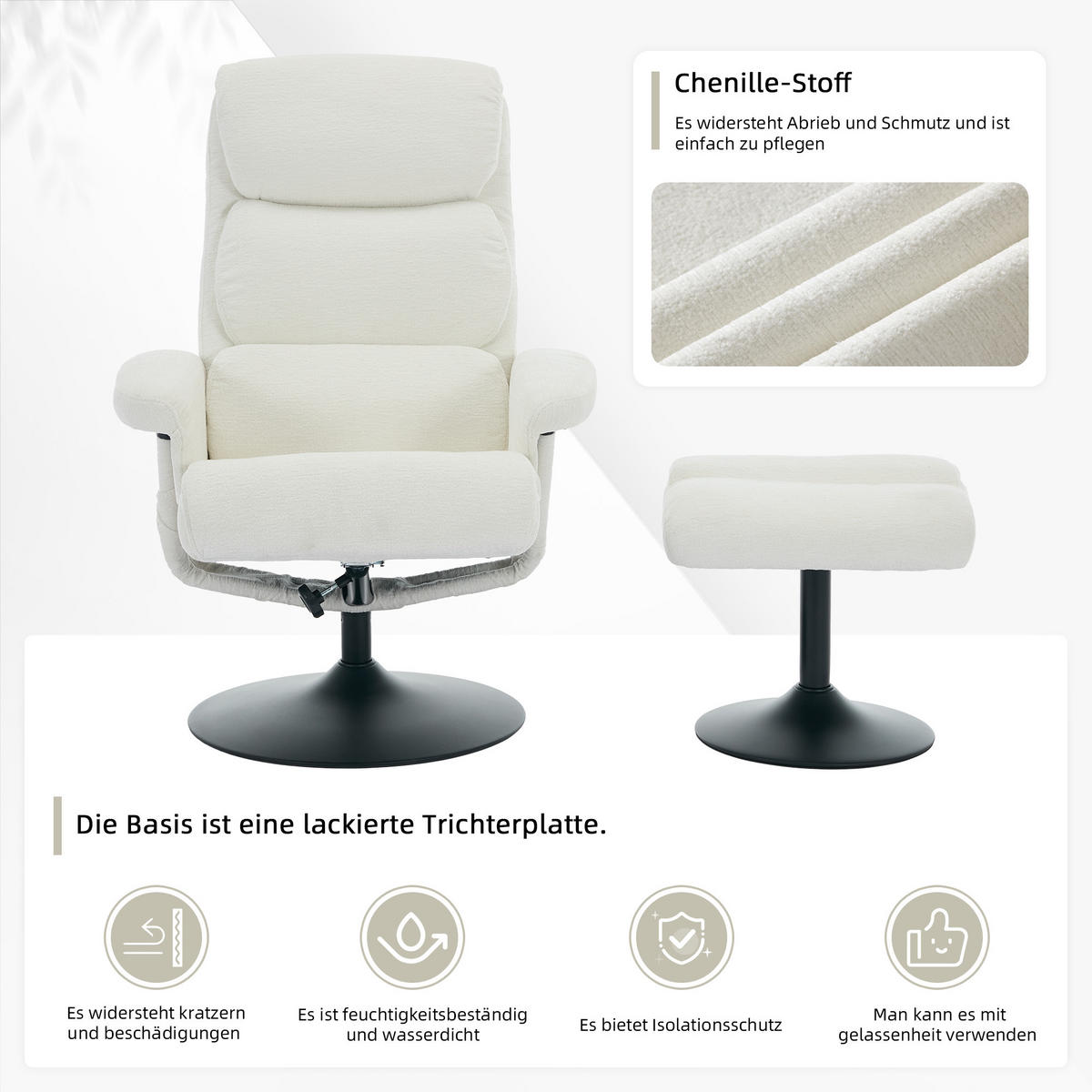 RELAXSESSEL Chenille Weiß mit Massagefunktion, Heizfunktion und Hocker - Weiß, Textil/Metall (50/94/98cm) - WISHDOR