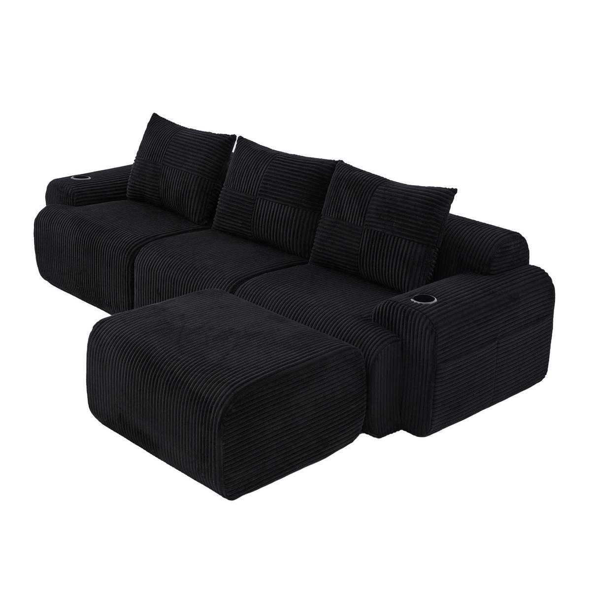 ECKSOFA 3-Sitzer Cordstoff Schwarz mit Hocker 268/174/80 cm - Schwarz, Textil (174/268cm) - Korfee