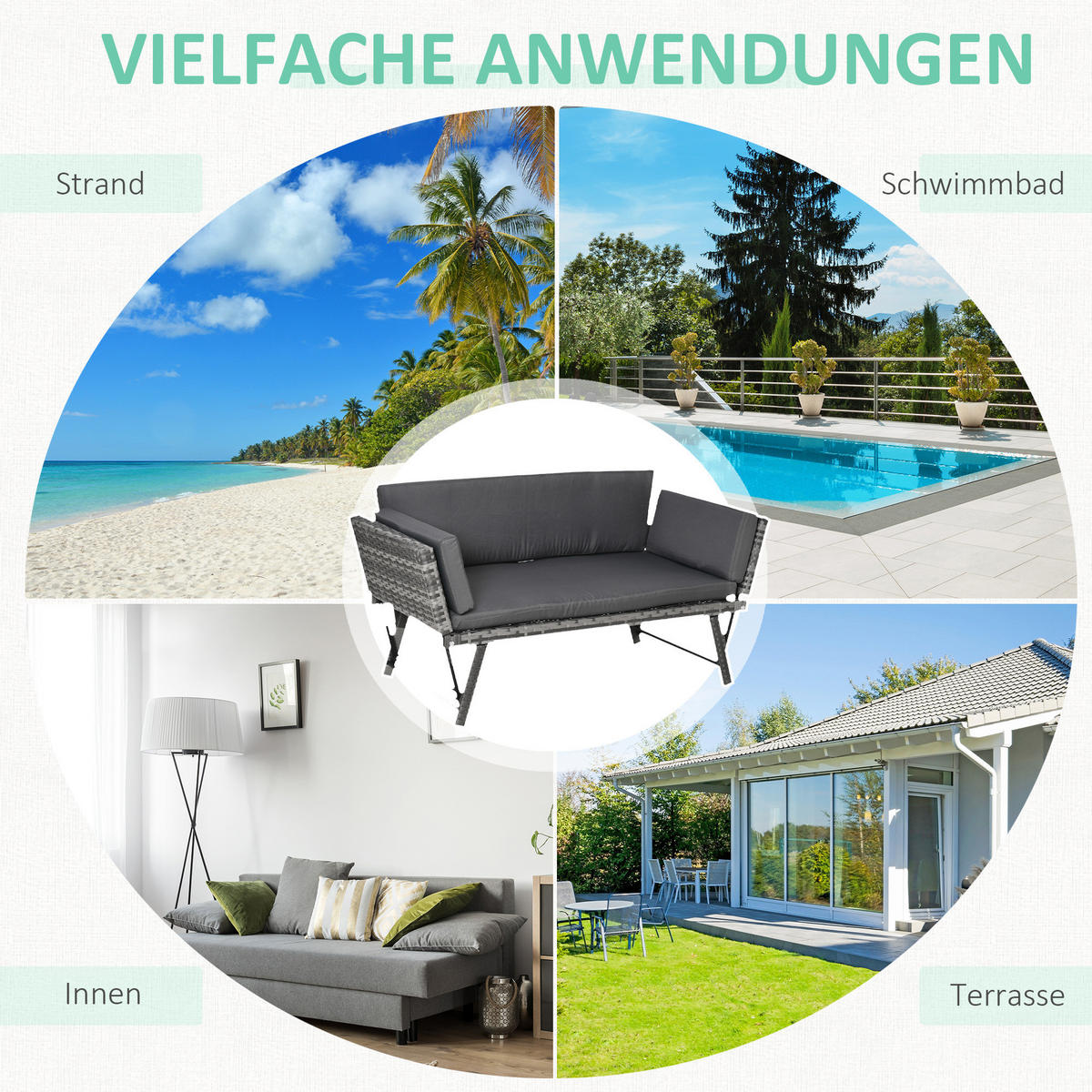 POLYRATTAN Gartensofa, Stahl, Grau - Grau, Metall (63/67/129cm) - Outsunny