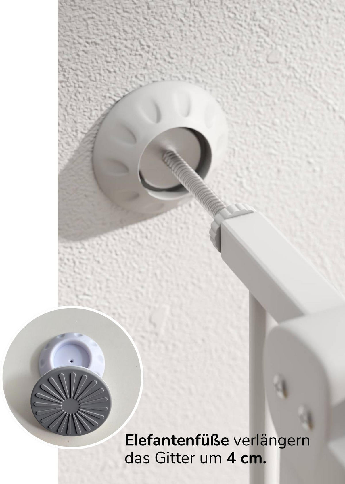 TÜRSCHUTZGITTER & Treppenschutz mit 4x Elefantenfuß, Tür mit 90° Stop, ohne Bohren 79-88 cm - Weiß, Metall (88/5cm) - Sämann – make a difference.