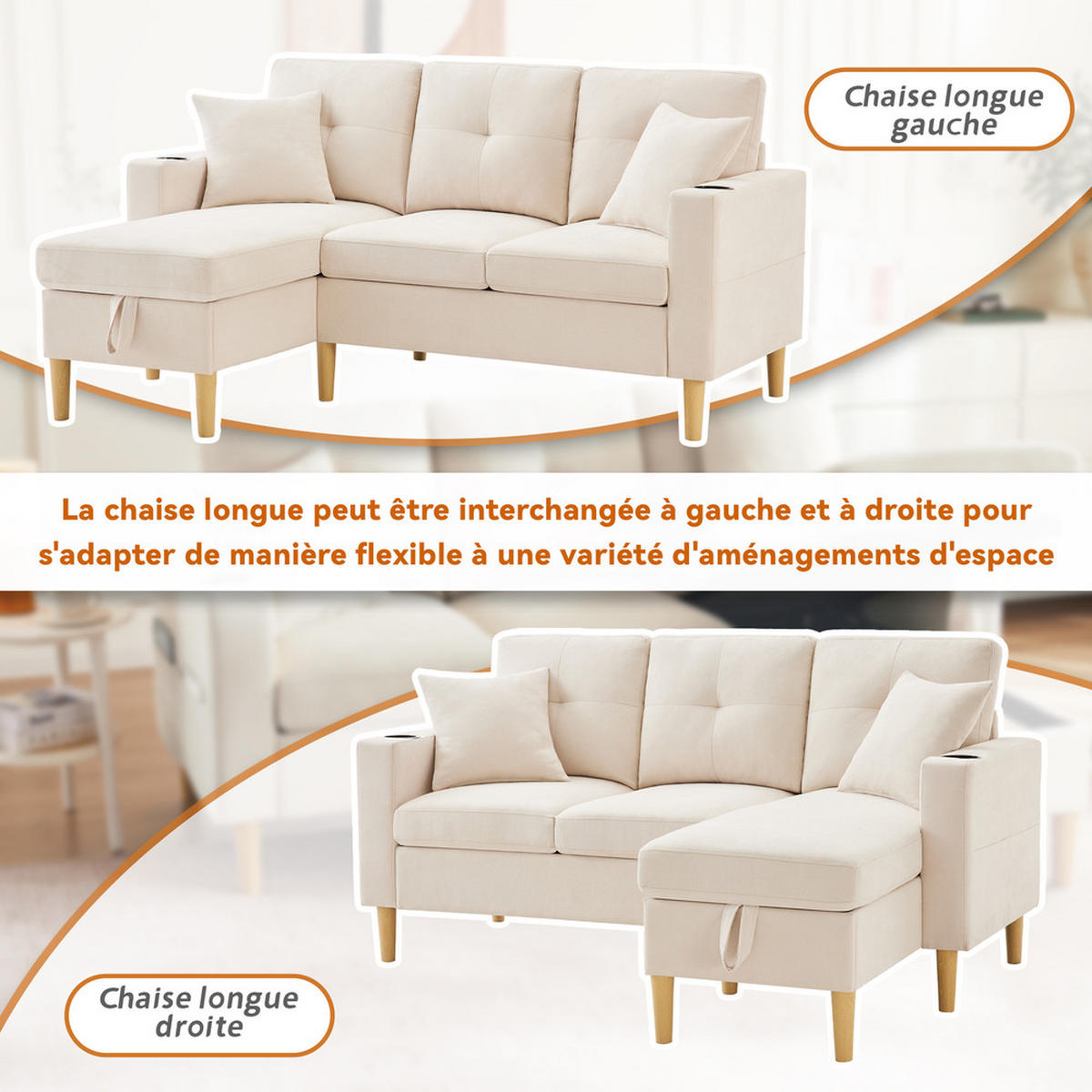 L-SOFA Modell S200 Grau 3-Sitzer mit Stauraum & Chaiselongue - Beige, Holz (129/175cm) - FLIEKS