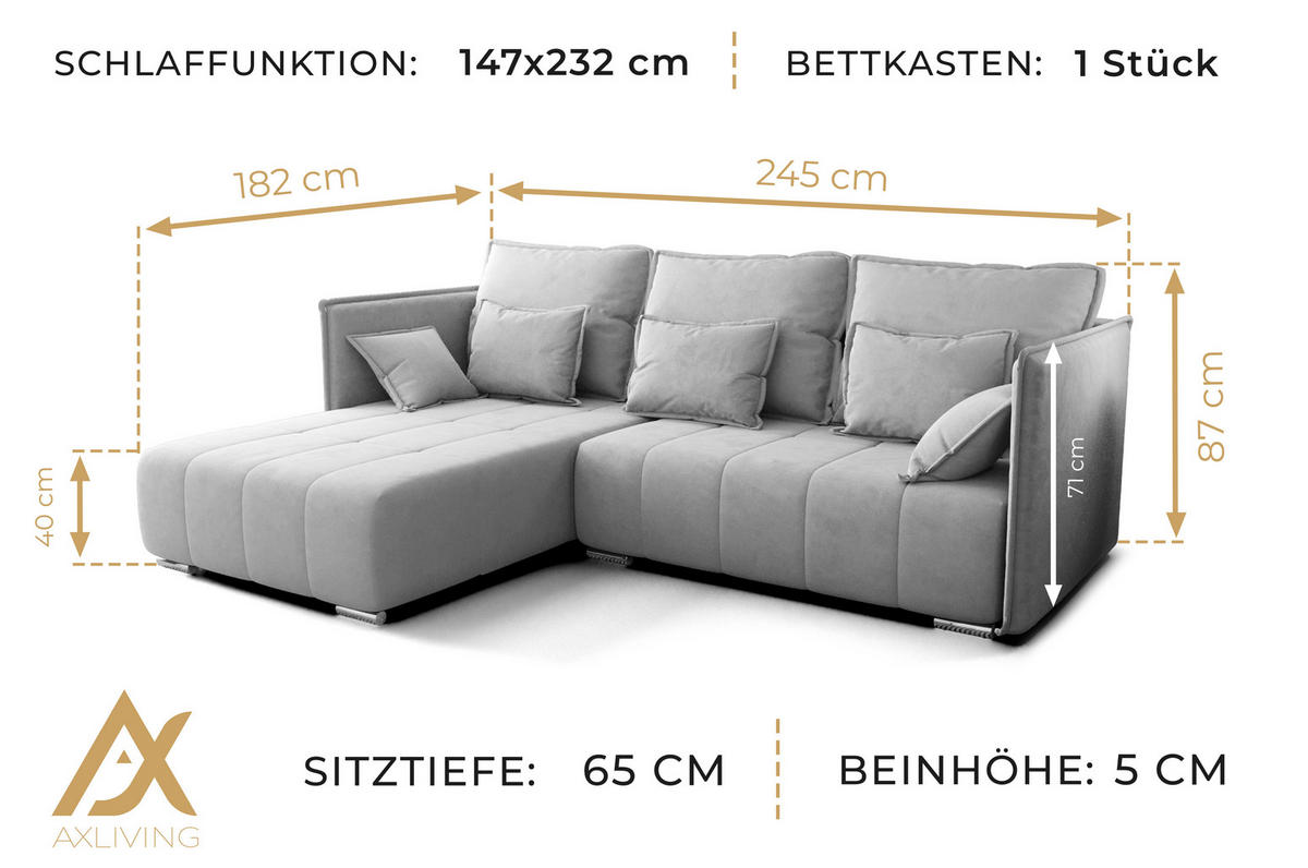 ECKSOFA L Form Florinna Grün 245/182/87 cm mit Schlaffunktion - Chromfarben/Grün, Textil/Metall (245/182cm) - AX Living