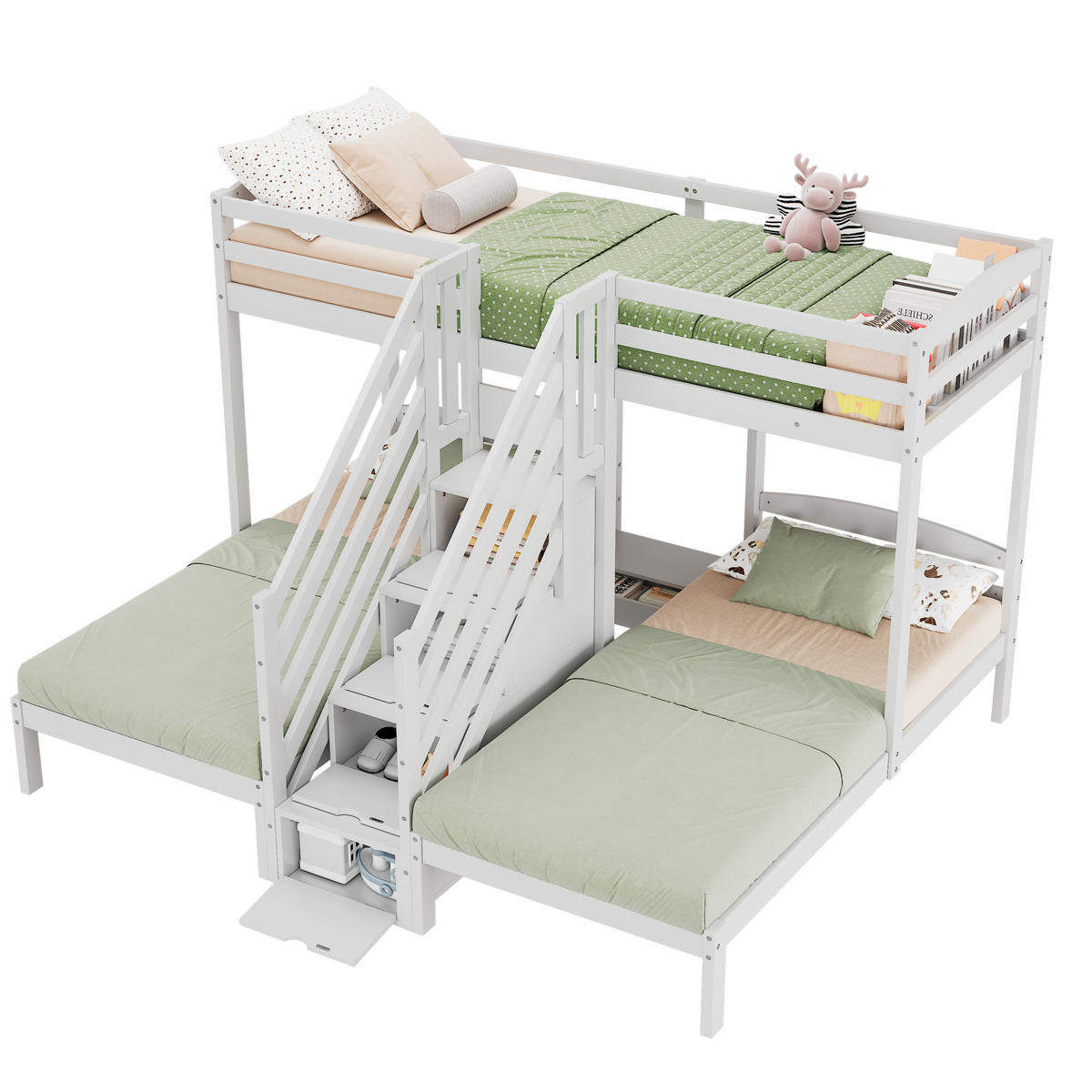 HOCHBETT 90x200cm Weiß Kiefernholz 3 Betten EN747 Leiter mit Schubladen - Weiß, Holz (90/200cm) - FLIEKS