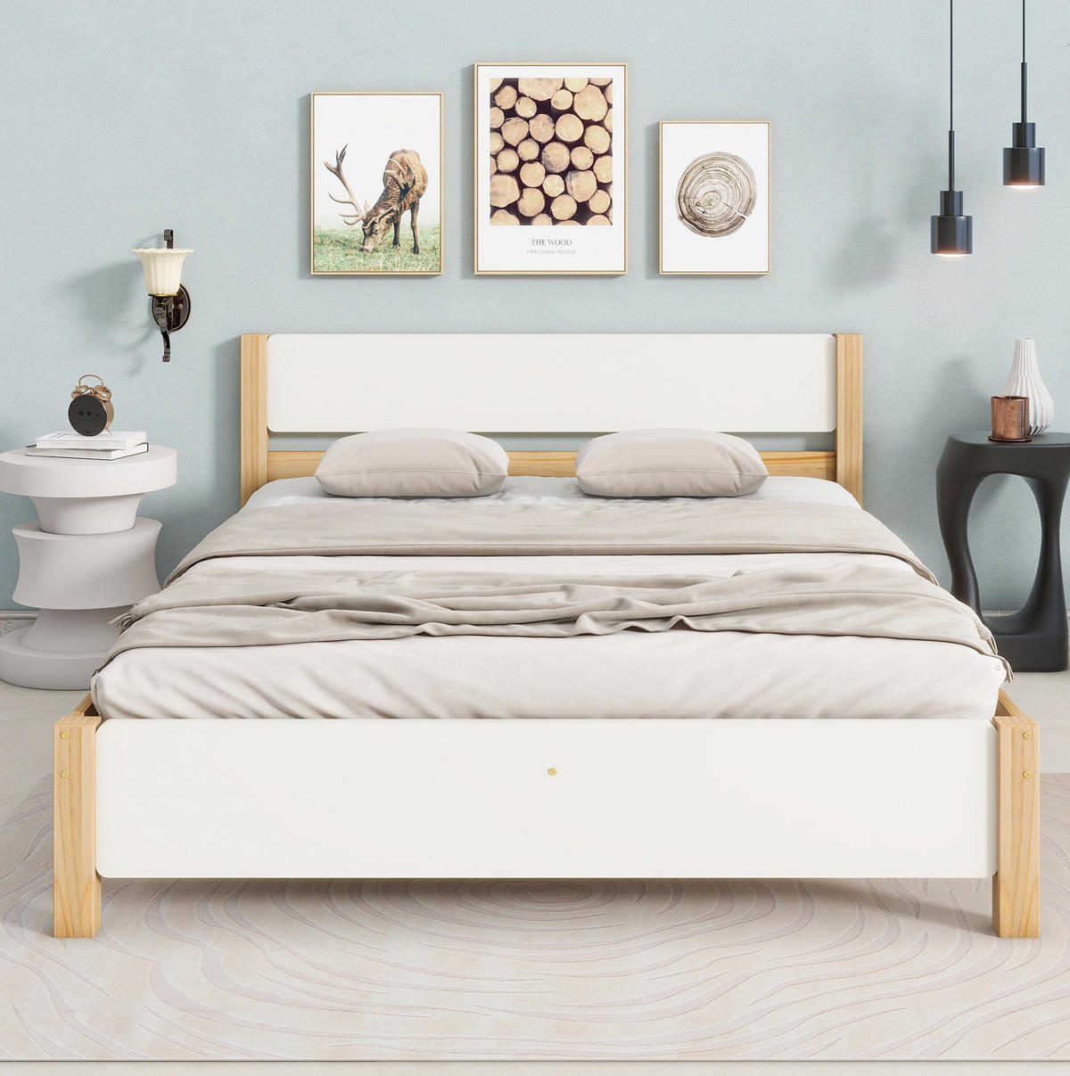 DOPPELBETT aus Kiefer und MDF 140x200 cm Weiß/Natur mit Lattenrost und stabilen Mittelfüßen - Naturfarben, Holz (140/200cm) - Modfu