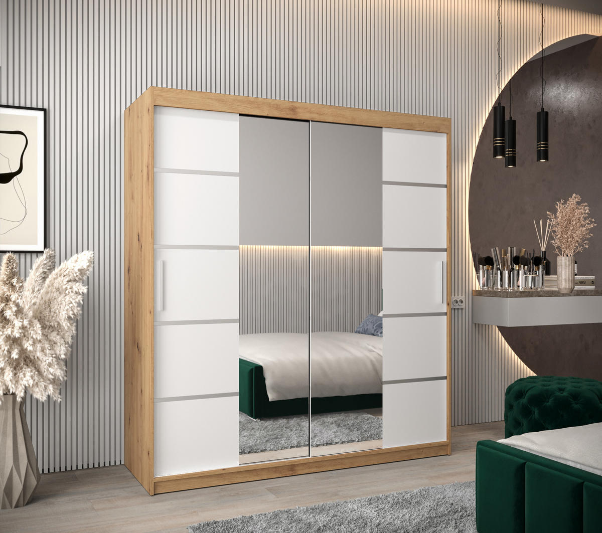 SCHWEBETÜRENSCHRANK 200/180/62 2-türig - Silberfarben/Weiß, Holz/Kunststoff (180/200/62cm) - MÖBEL KRYSPOL