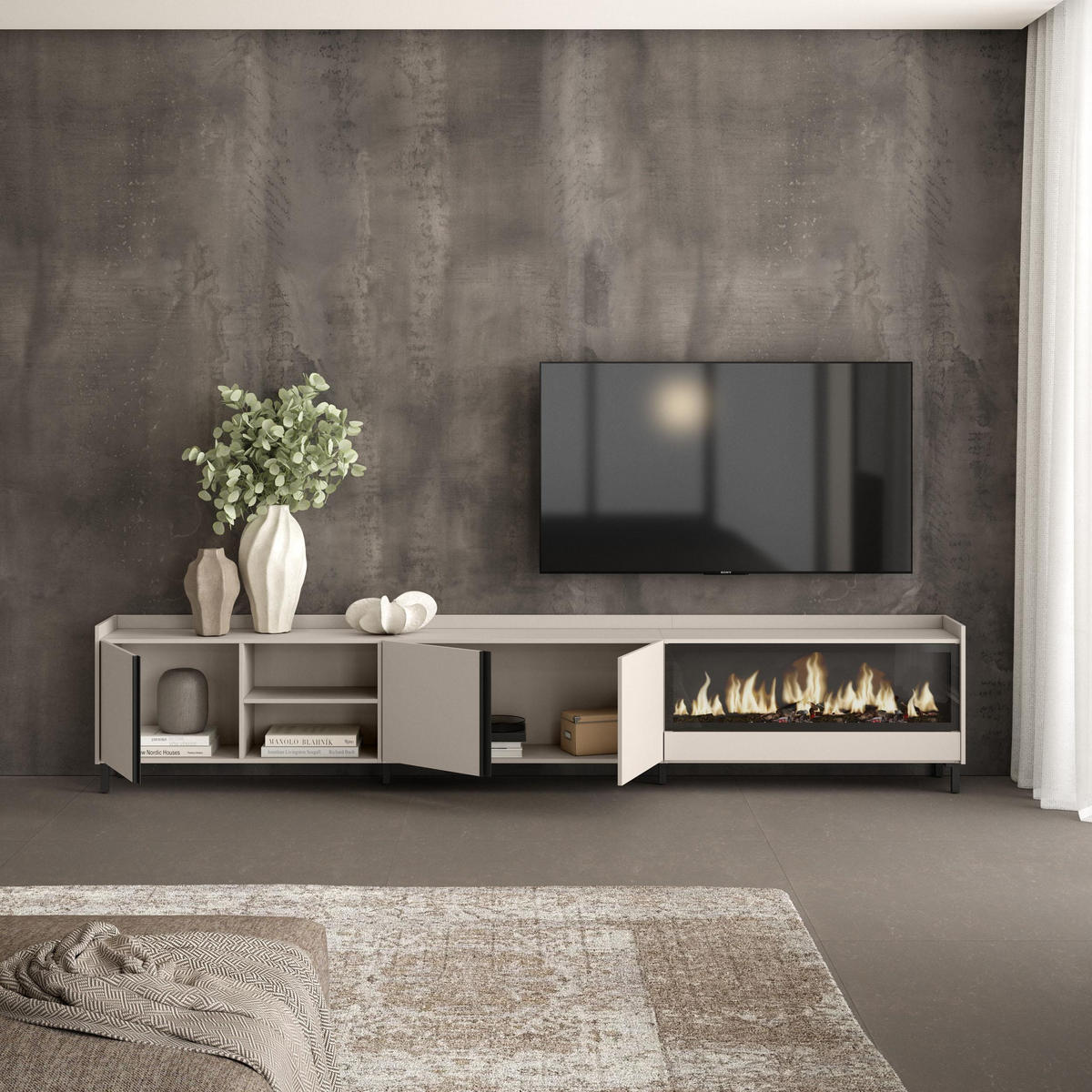 LOWBOARD, Beige, 315/35/61cm, Kamin mit Feuereffekt XXL - Beige, Holzwerkstoff (315/61/35cm) - Skraut Home