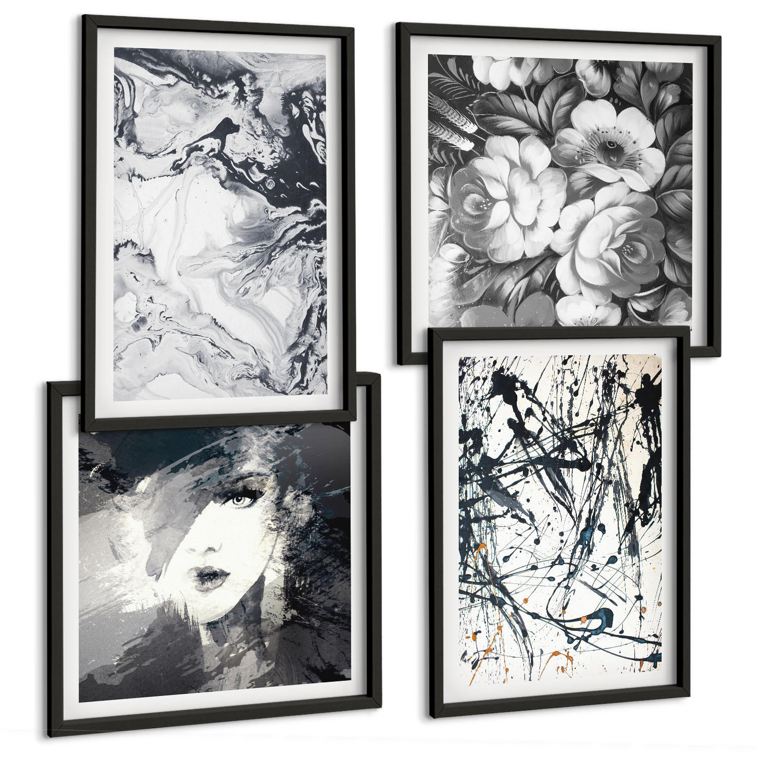 BILDER SET 4er Set - 50x50 cm & 40x60 cm Schwarzer Rahmen - Abstrakte schwarz-weiße Muster - Schwarz, Kunststoff (50/50cm) - TULUP