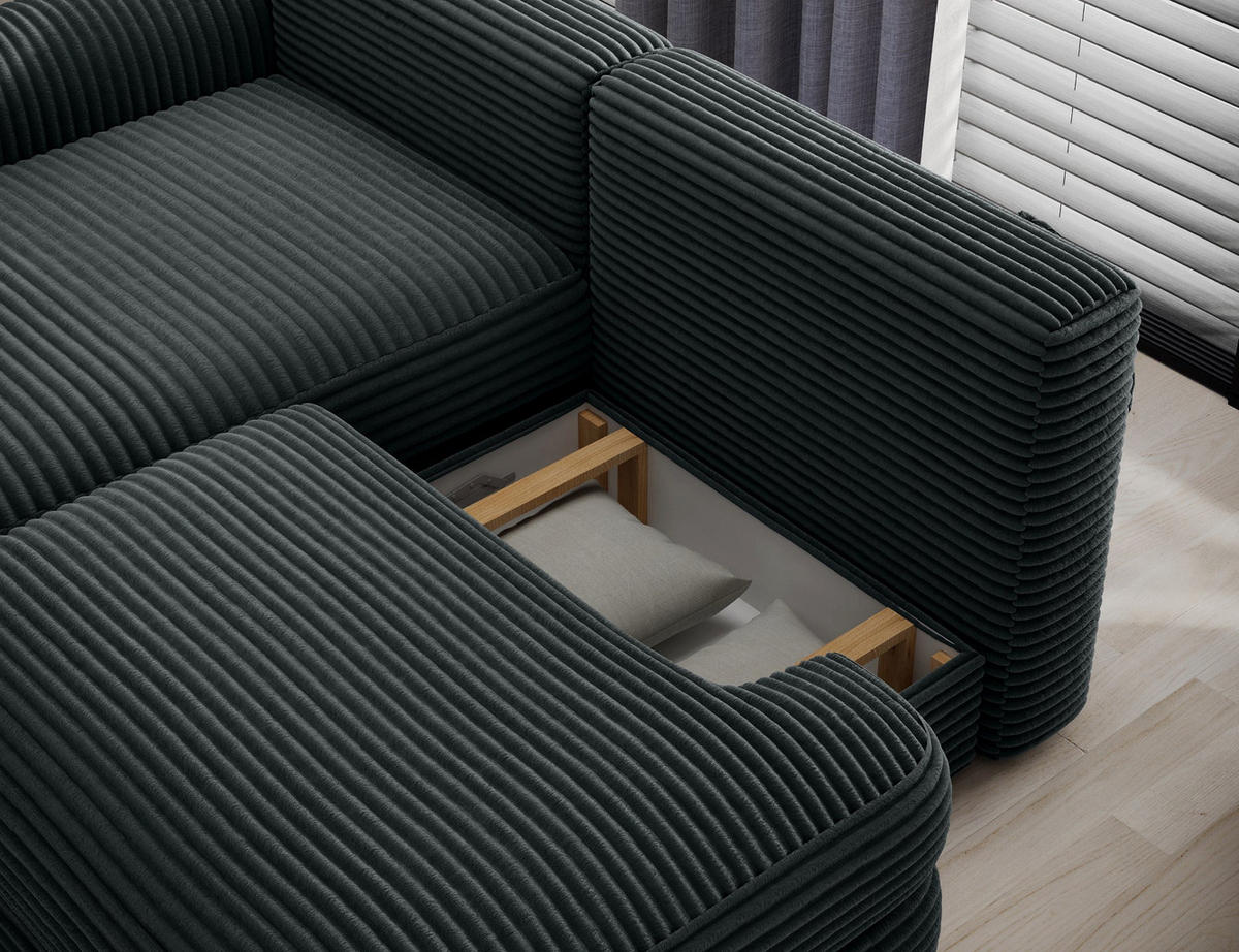 ECKSOFA RIPELI L-Form mit Schlaffunktion & Bettkasten – Modernes 3-Sitzer Sofa, Wellenfederung, 217 × 175 cm - Dunkelgrün/Schwarz, Kunststoff (217/175cm) - Wohnideebilder