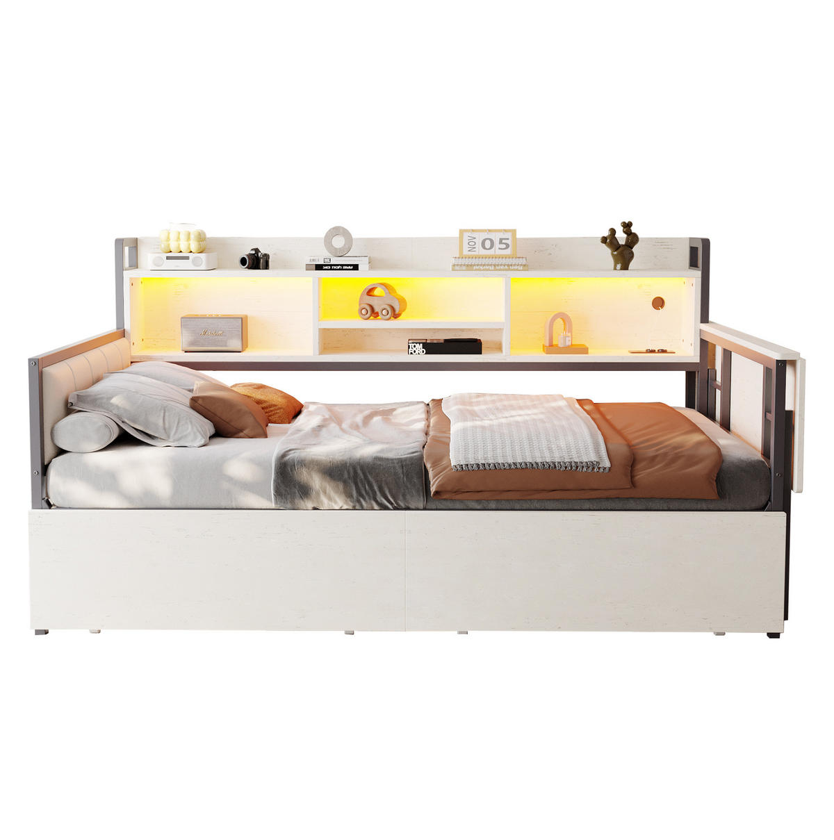 METALLBETT 90/200 cm mit Stauraum, Schreibtisch und LED in Weiß - Weiß, Metall (90/200cm) - BEAOK