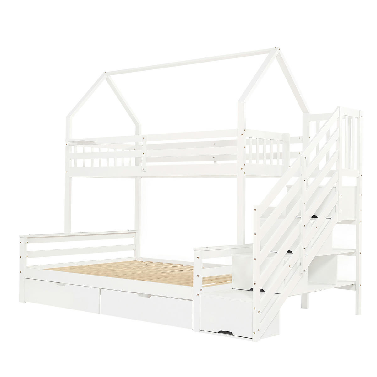 ETAGENBETT 90/200 cm & 140/200 cm in Weiß mit 2 Schubladen, Treppenschrank und Dachdesign - Weiß, Holz/Holzwerkstoff (140/200cm) - CHICFURN
