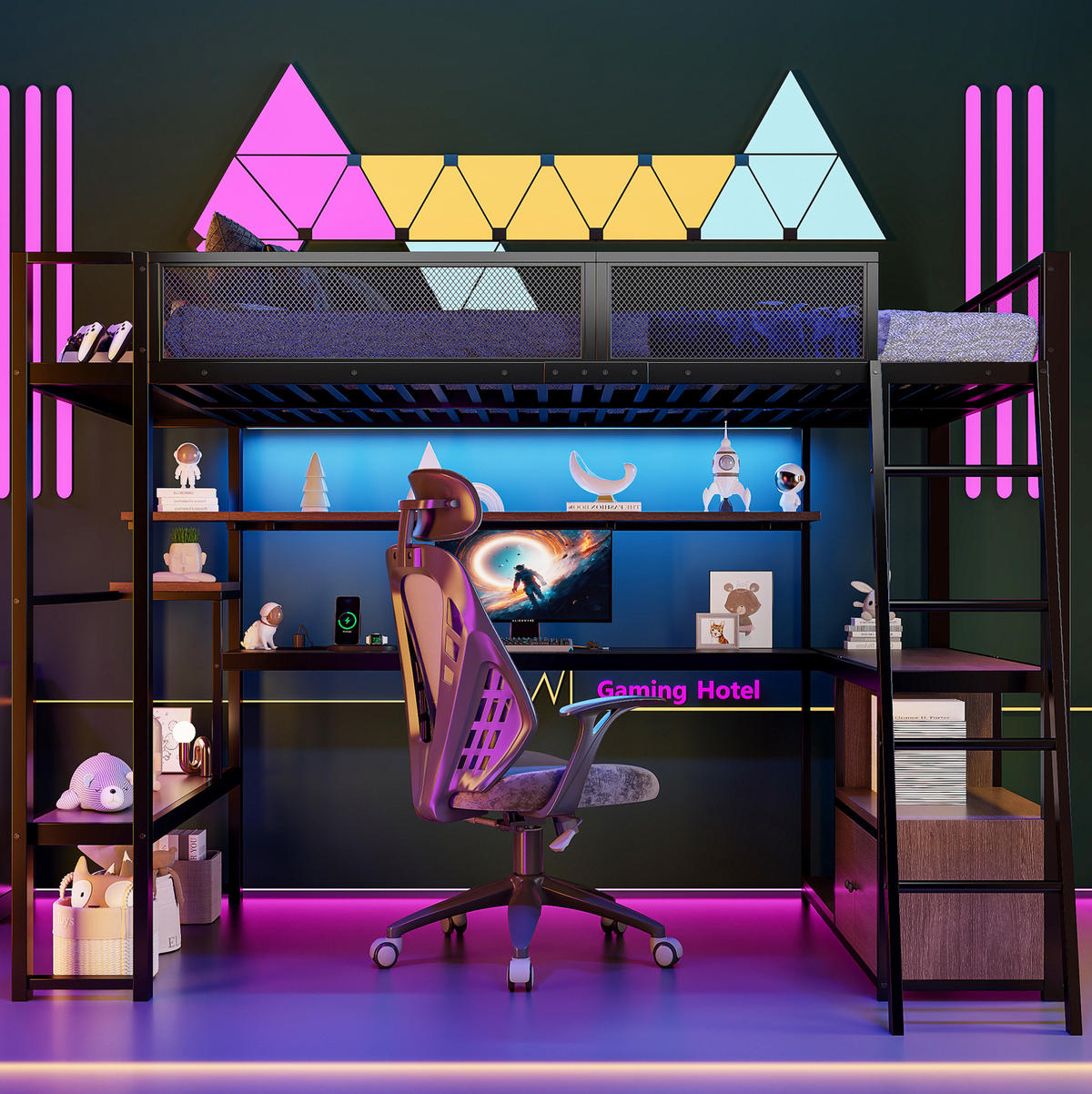 HOCHBETT 140/200 cm Schwarz mit LED, Schreibtisch und Stauraum - Schwarz, Metall (140/200cm) - MIVRAY