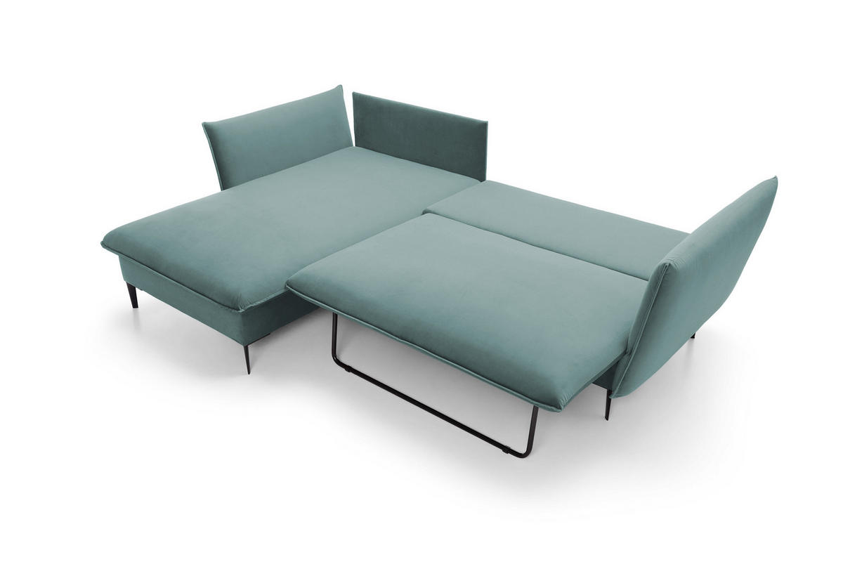 ECKSOFA GLOSS mit Schlaffunktion, Ottomane & goldenen Füßen – Samtsofa im GLOSSour-Stil mit Zierkissen, 258x167x91cm, Linke, BLAU - Hellgrau, Holz/Textil (167/258cm) - DomoHome