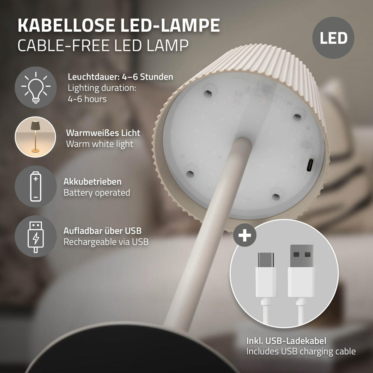 LED TISCHLAMPE kabellos mit Touch Creme Ø10x36 cm Warmweiß Dimmbar - Creme, Kunststoff (10/10/36cm) - ML-DESIGN
