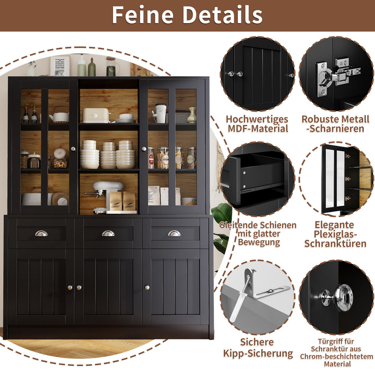 BUFFET 140/175/38,5 cm Schwarz aus Acryl und MDF mit Kippschutz - Schwarz, Holzwerkstoff (38.5/175/140cm) - OKMYHOME