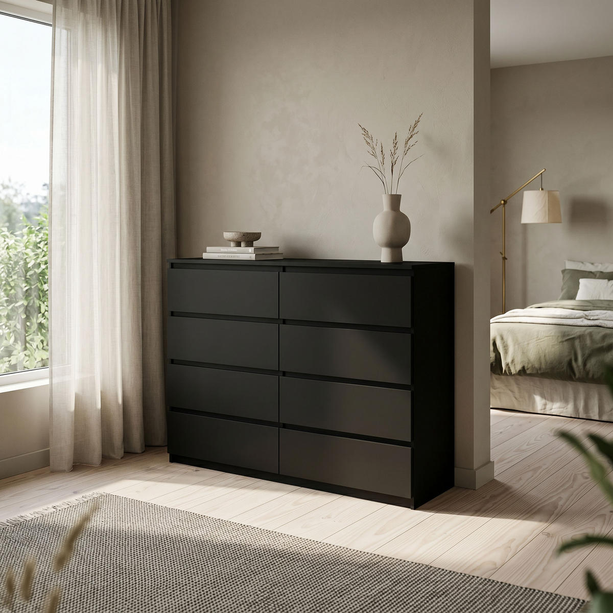 KOMMODE NUDO 120/101,5/39cm mit 8 Schubladen Türen Schwarz - Schwarz, Holzwerkstoff (120/101.5/39cm) - MASSENO