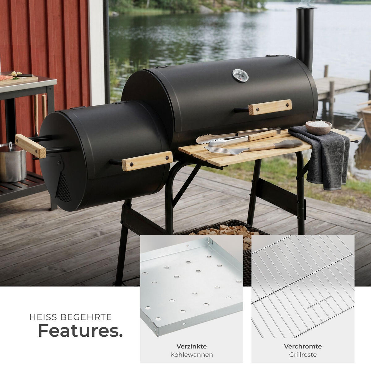 HOLZKOHLEGRILL , 110 x 60 x 116 cm, schwarz - Schwarz, Textil (60/116/110cm) - tectake