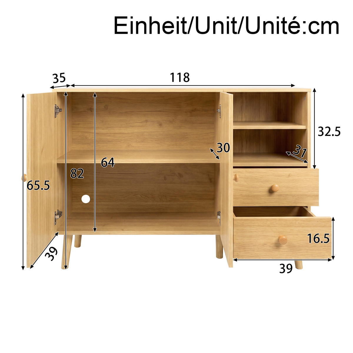 SIDEBOARD Gewölbte Türen Holzfüße 2 Schubladen 2 Fächer Modern - Naturfarben, Holzwerkstoff (118/82/35cm) - FLIEKS