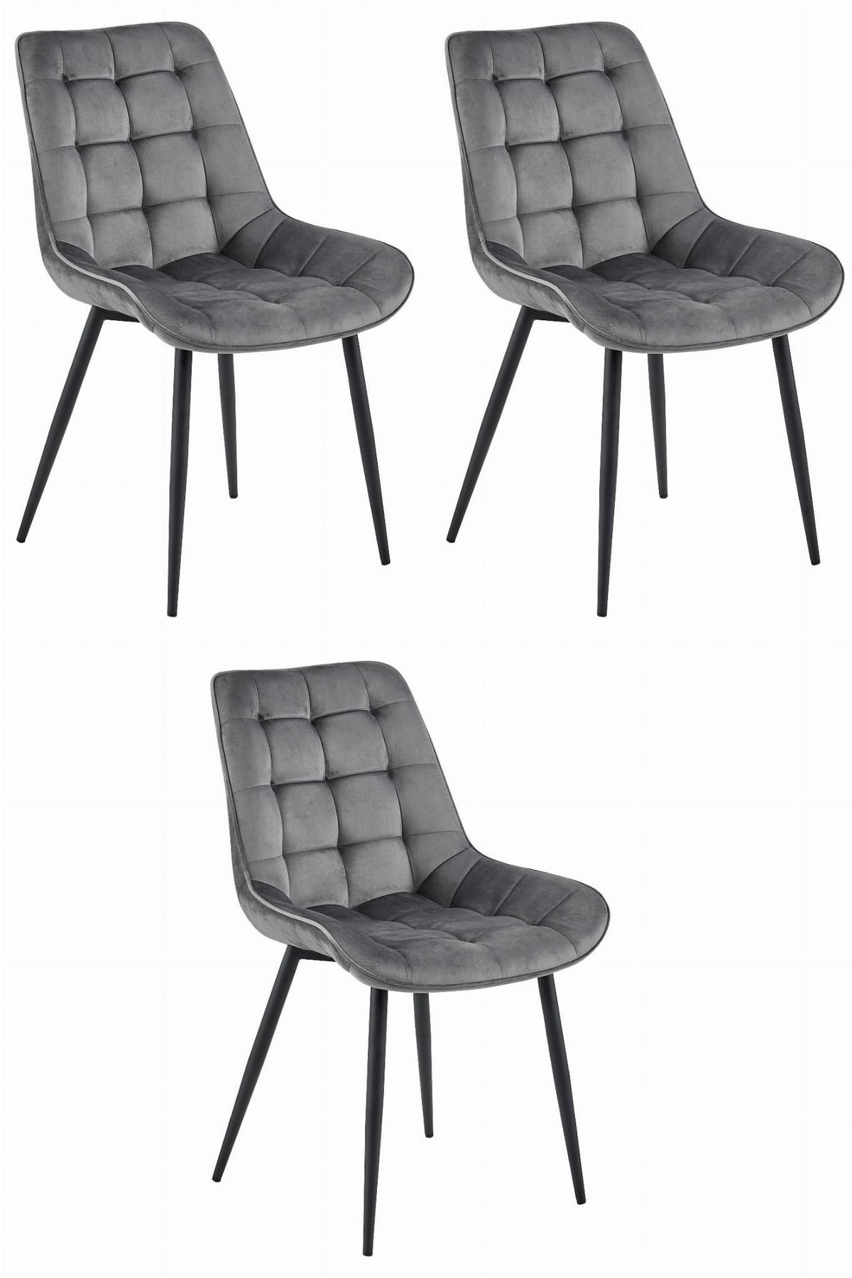 ESSZIMMERSTUHL 3-er Set BERA dunkelgrauer Sitz, schwarze Beine - Dunkelgrau/Schwarz, Textil (54/88/60cm) - Valora