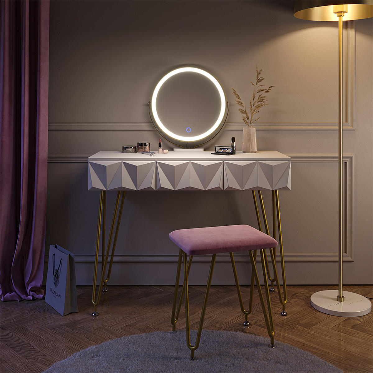 SCHMINKTISCH Ruby Weiß 100 cm mit LED Beleuchtung und Hocker - Weiß, Holzwerkstoff (100/79/40cm) - Vicco