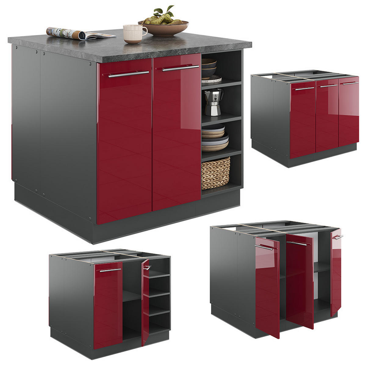 KÜCHENINSEL Fame-Line Bordeaux Hochglanz/Anthrazit 90 cm ohne AP - Bordeaux/Anthrazit, Holzwerkstoff (90/82/82cm) - Vicco