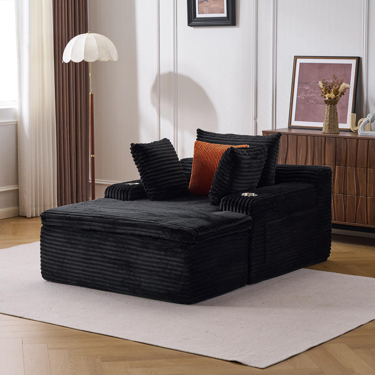 KLAPPSOFA mit 2-in-1-Funktionskissen, Cordstoff - Schwarz - Schwarz, Textil (113/63/164cm) - KOMHTOM