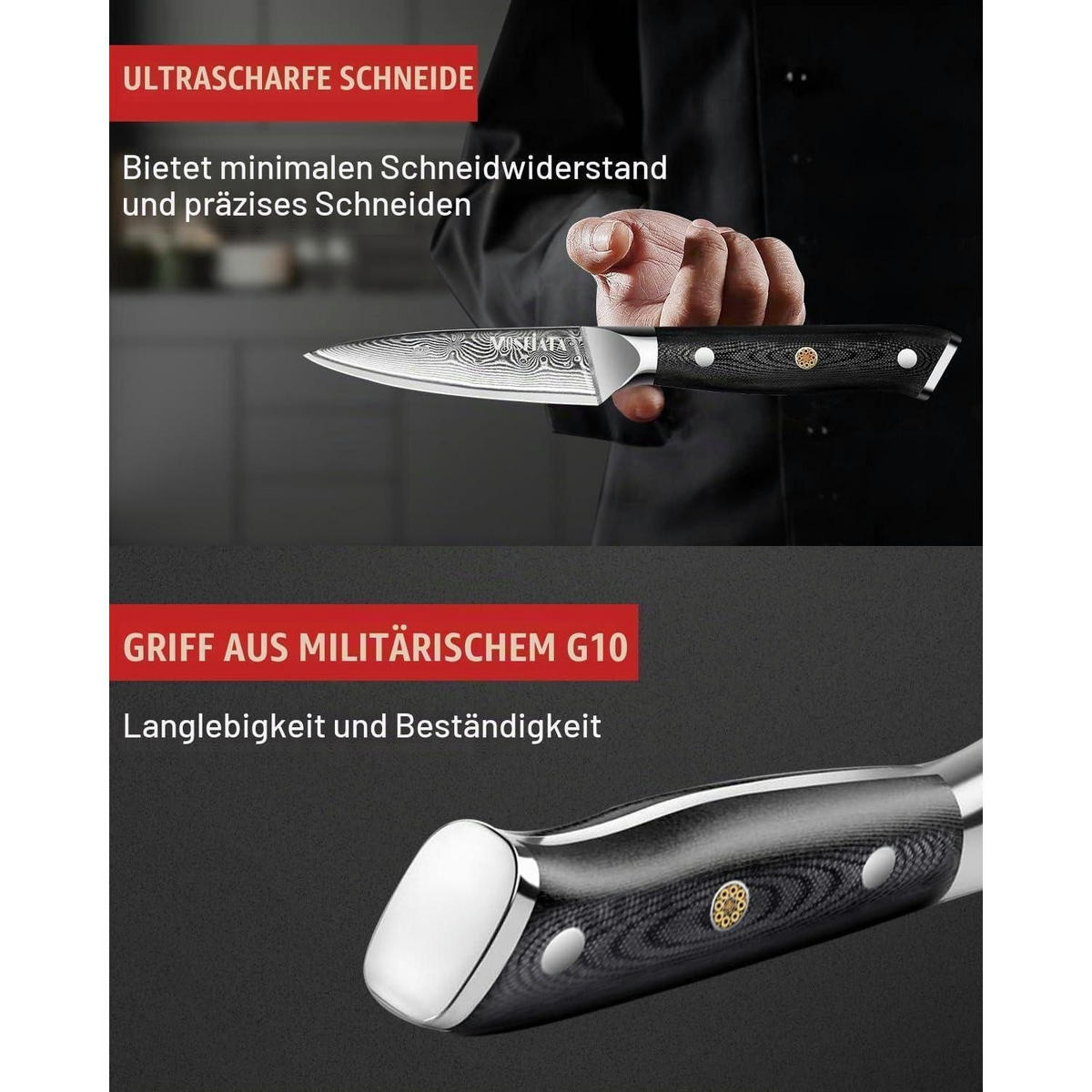 KÜCHENMESSER Damaststahl 9 cm VG10 G10-Griff Geschenkpaket - Silberfarben, Metall (20.3cm)