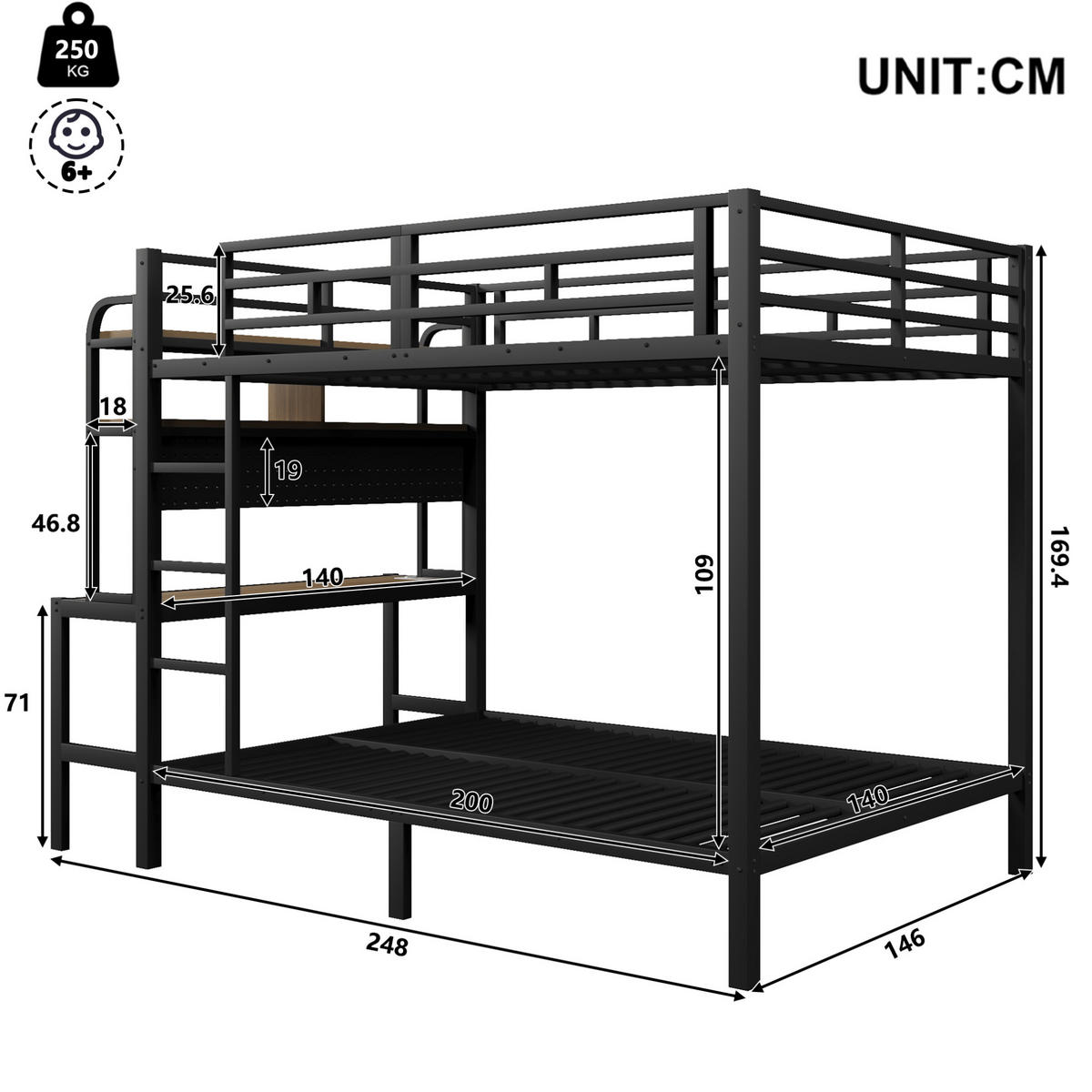 ETAGENBETT aus Metall und MDF 140x200 cm Schwarz mit Schreibtisch, Ablagefächern, LED-Lichtleiste und USB-Anschluss - Schwarz, Metall (140/200cm) - Modfu