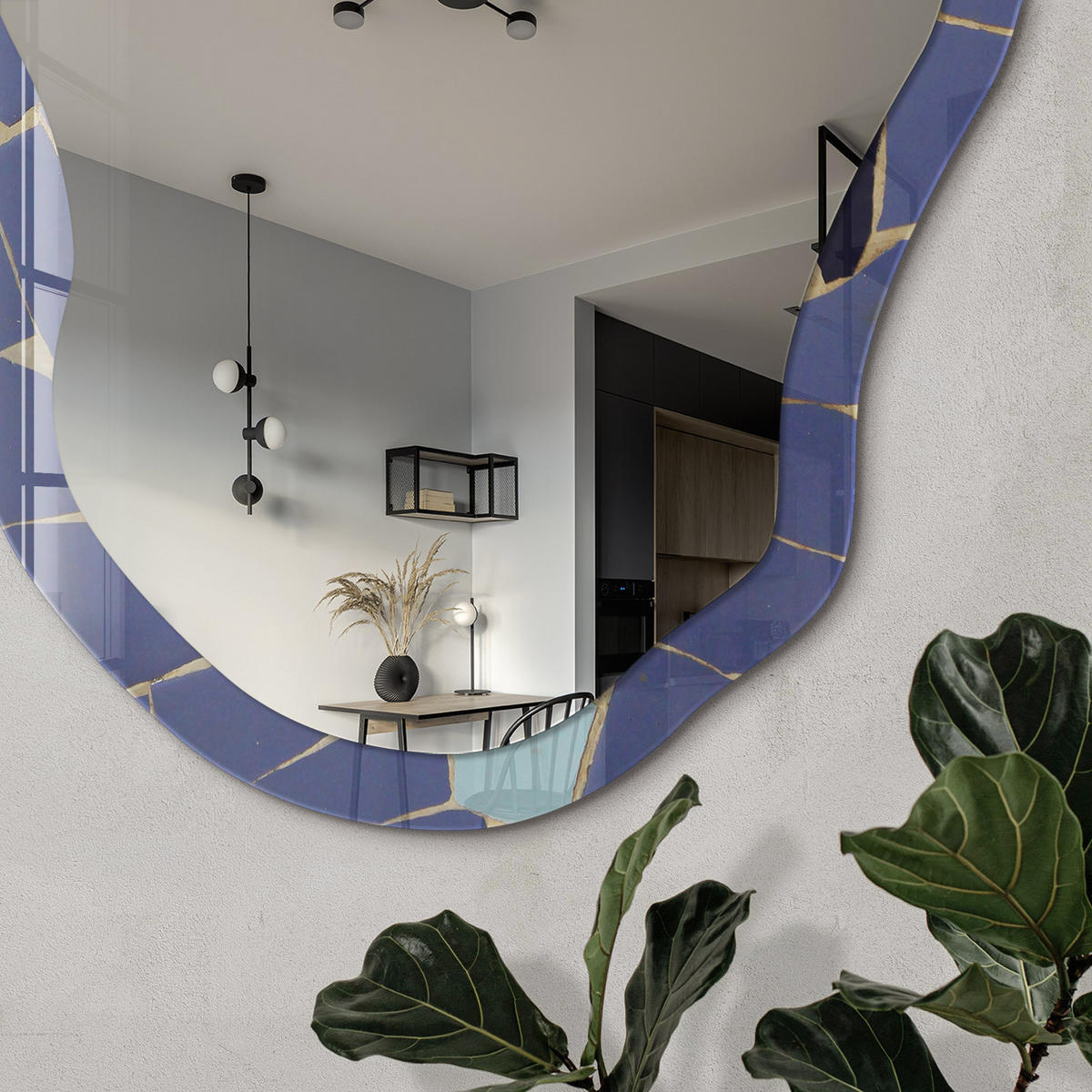 SPIEGEL 90x45 cm asymmetrisch mit Druck - Blaues Mosaik - Transparent, Glas (45/90/0.4cm) - TULUP