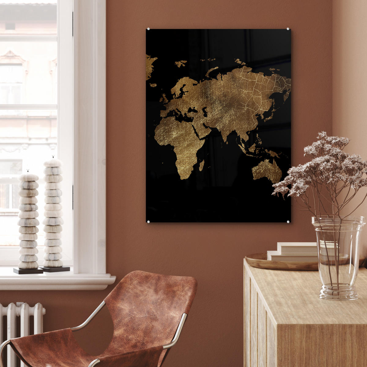 ACRYLGLASBILD Weltkarte - Gold - Luxus - Erde - Schwarz 60x80 cm - Goldfarben, Glas (60/80cm) - MuchoWow