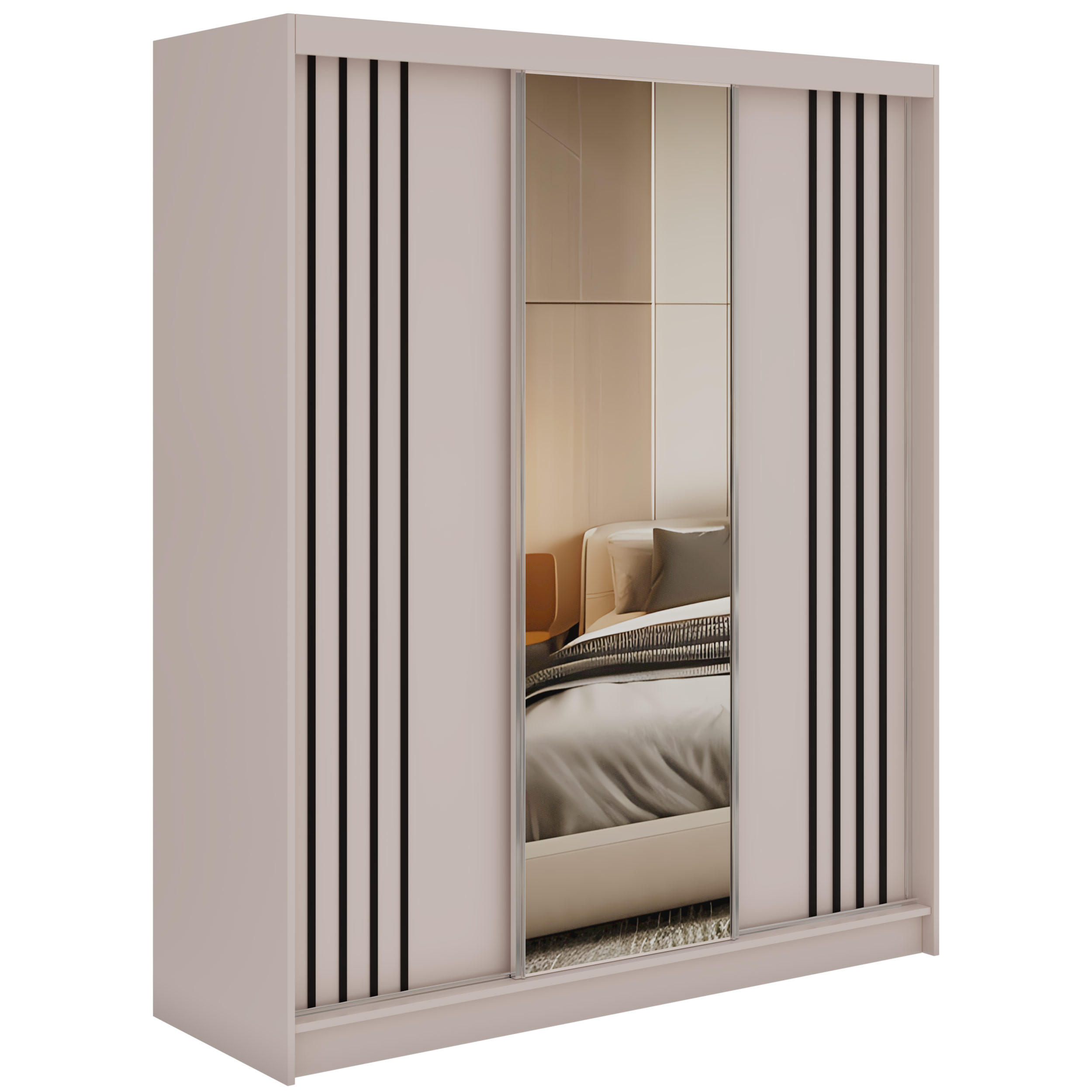 SCHWEBETÜRENSCHRANK mit Lamellen, Spiegel und Schubladen DIANA - 180 - Kaschmir und Schwarz - Kaschmir/Schwarz, Holzwerkstoff/Metall (180/216/61cm) - MKS