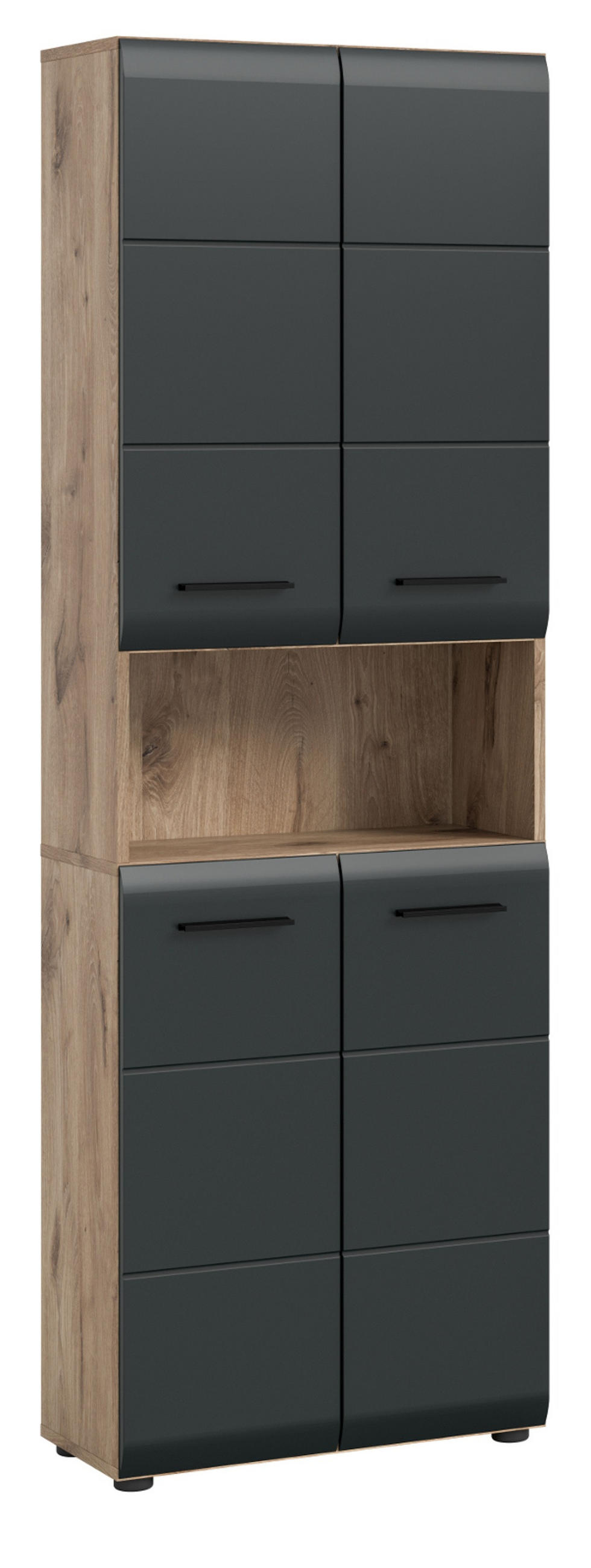 HOCHSCHRANK schwarz matt, Eiche, Badschrank 4-türig, 60 x 185 cm - Eichefarben/Schwarz, Holzwerkstoff/Kunststoff (60/185/30cm) - Inn.Furn
