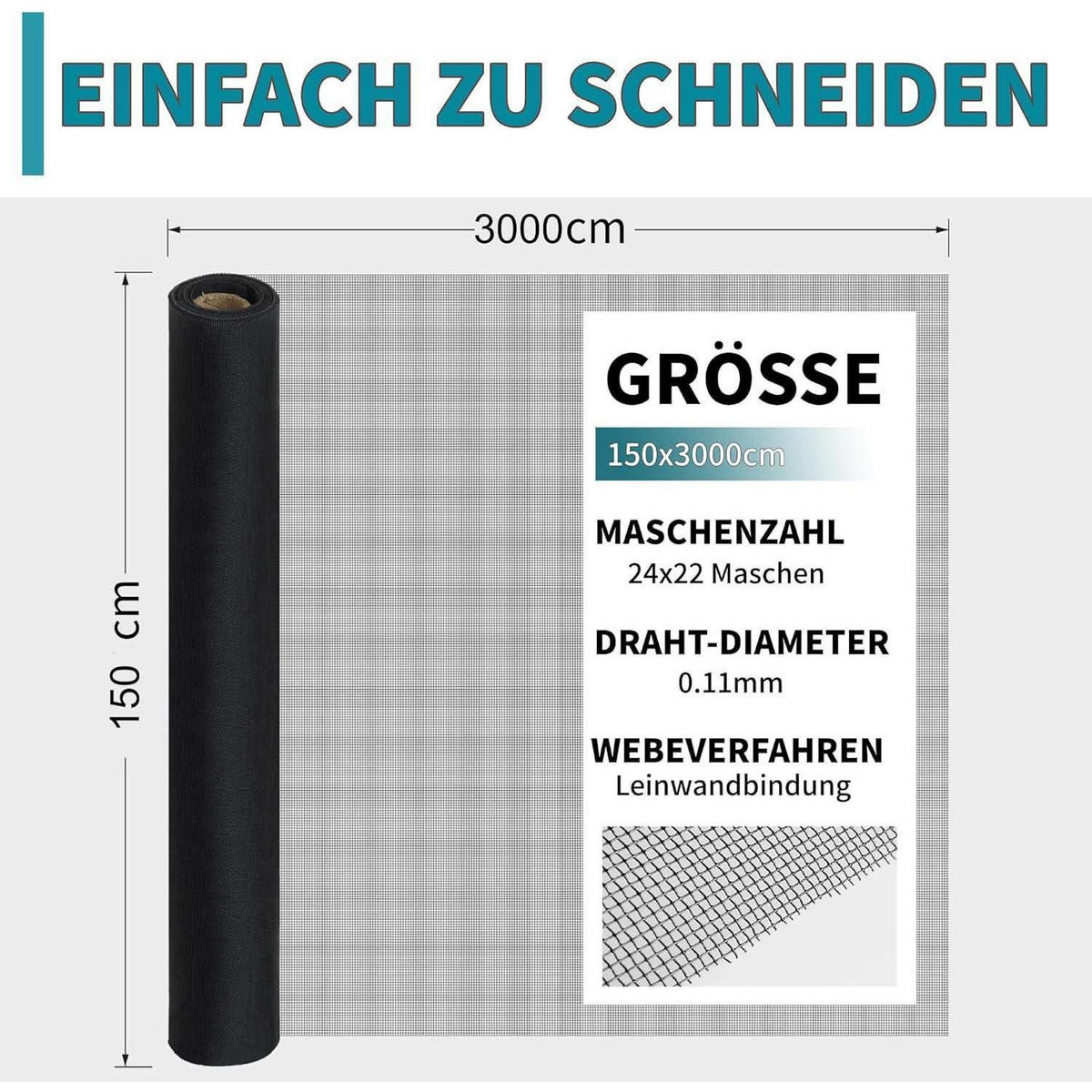 FLIEGENGITTER Edelstahl Schwarz 150 x 3000 cm - Schwarz, Metall (12.3/162.5/12.5cm)