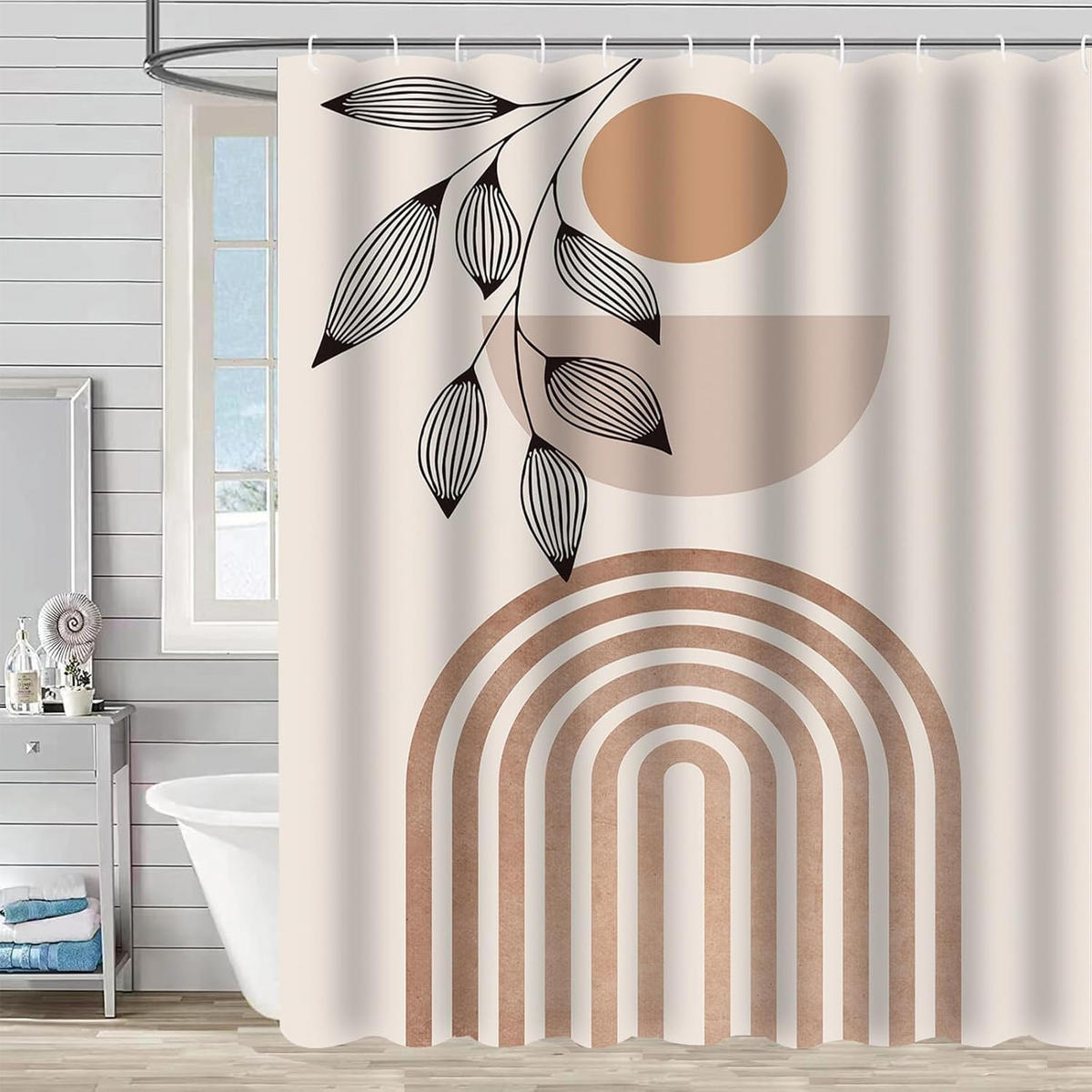 DUSCHVORHANG Weiß Boho Polyester Blätter Muster Kunst modern wasserdicht schimmelresistent waschbar mit Ringen - Multicolor, Textil (180/180cm) - MCBOSON