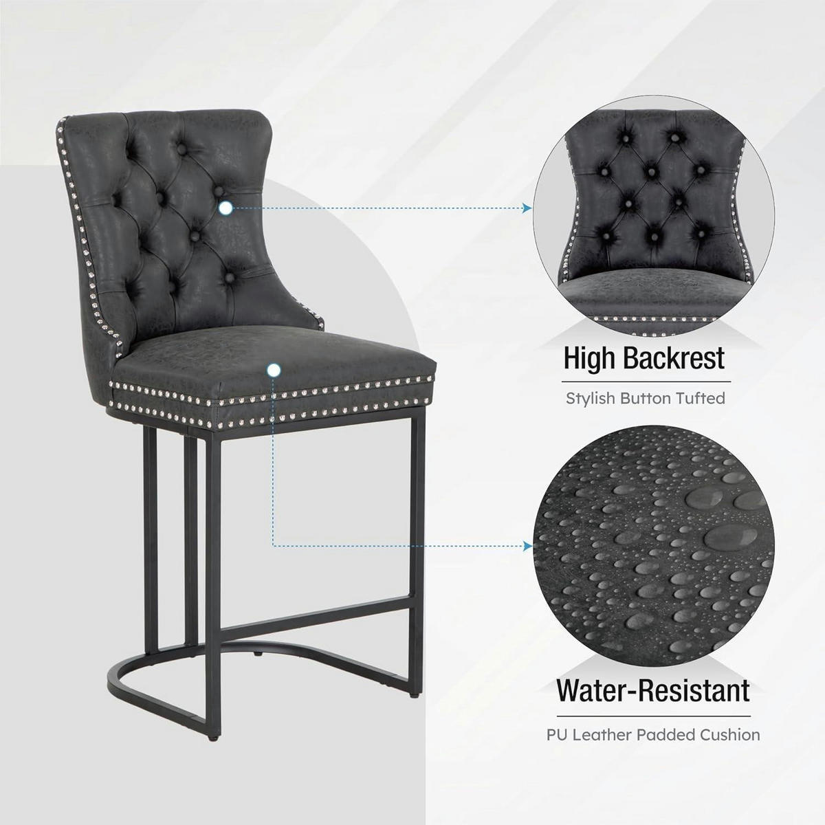 BARHOCKER 2er Set Kunstleder Schwarz mit Knopfsteppung und Nieten - Schwarz, Kunststoff (51/104/60cm)