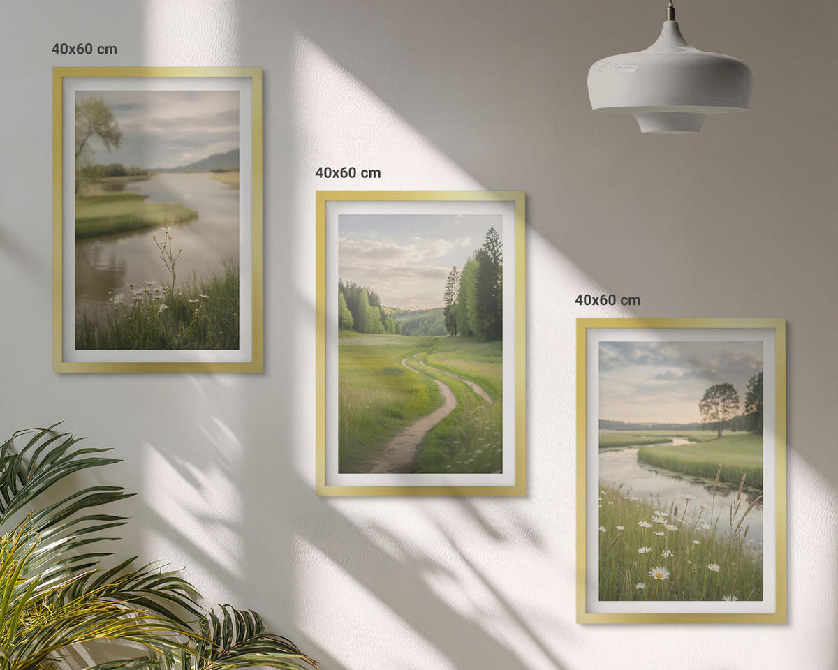 BILDER SET 3er Set - 40x60 cm Goldrahmen - Sommerliche Flusswiesen voller Blumen - Goldfarben, Kunststoff (40/60cm) - TULUP