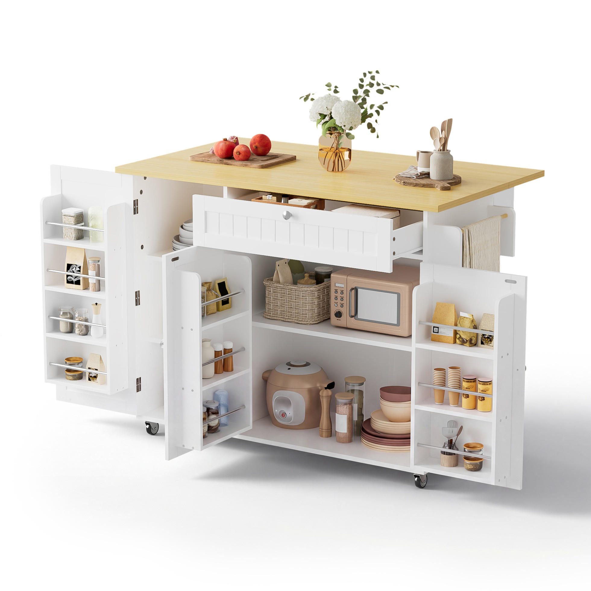 KÜCHENWAGEN mit Klappplatte, Schublade und Stauraum 120 x 70/45 x 92 cm Natural White - Naturfarben, Holz (70/92/120cm) - Beauniv