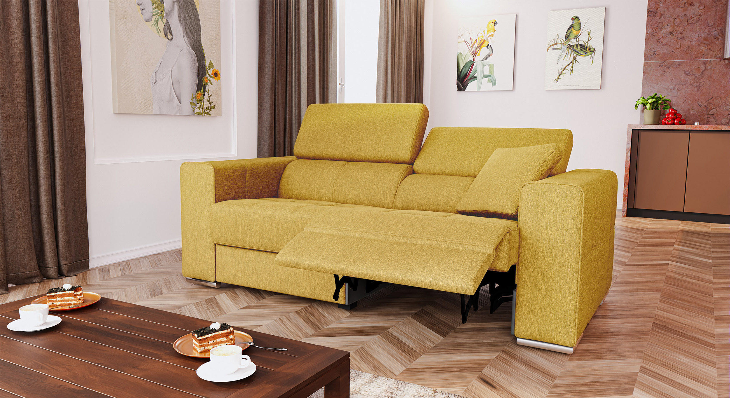 SOFA QUARTZ 3-Sitzer mit 1 Relaxfunktion, honig - Silberfarben/Honig, Holzwerkstoff/Textil (204/80/102cm) - Courtois Laville