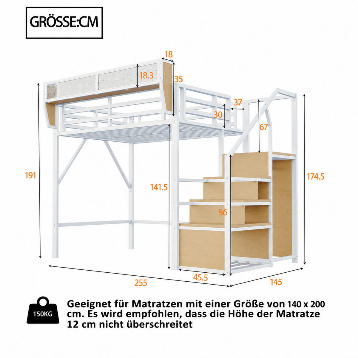 HOCHBETT 140/200 cm Weiß mit Sicherheitsleiter und flexiblem Staufach - Weiß, Metall (140/200cm) - Oxeza