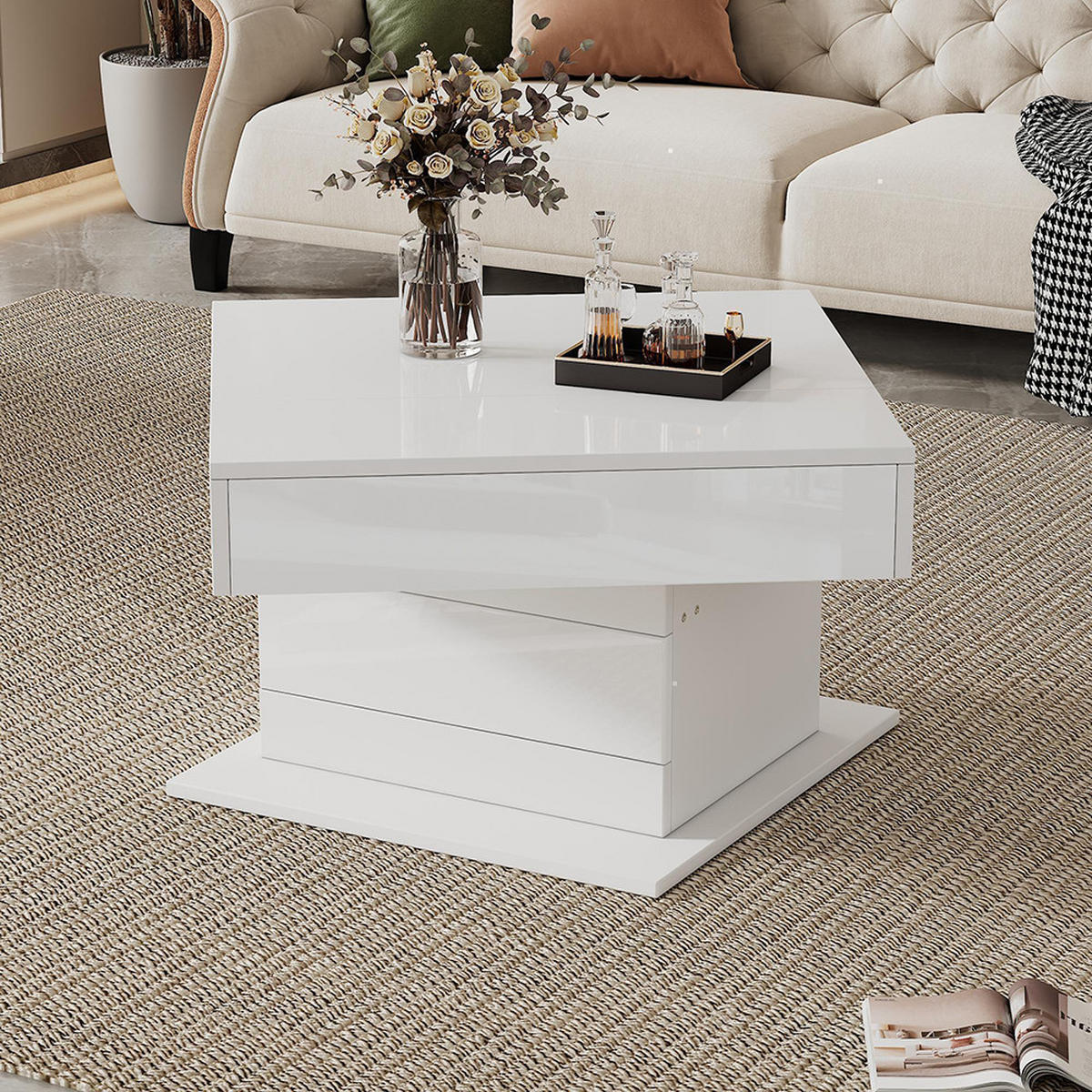 COUCHTISCH in 70x70x45cm, Obere Tischplatte 360° frei drehbar, Weiß - Weiß, Holzwerkstoff (70/70/45cm) - KOMHTOM