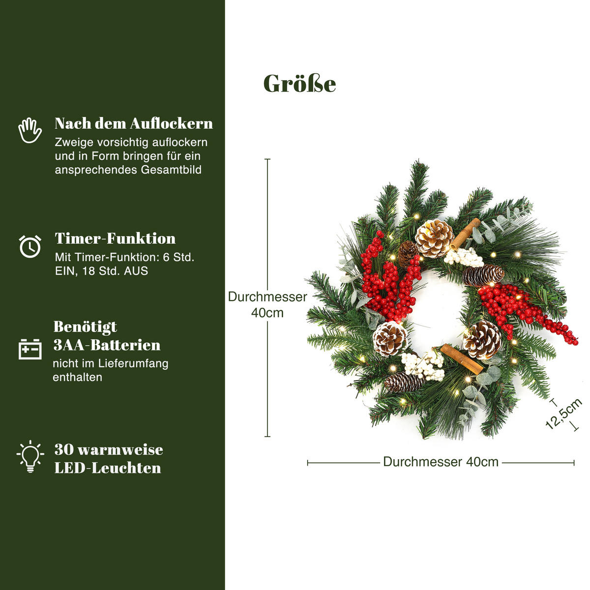 WEIHNACHTSKRANZ mit LED Beleuchtung & Timer - Dunkelgrün, Naturmaterialien (40cm) - Hometopia