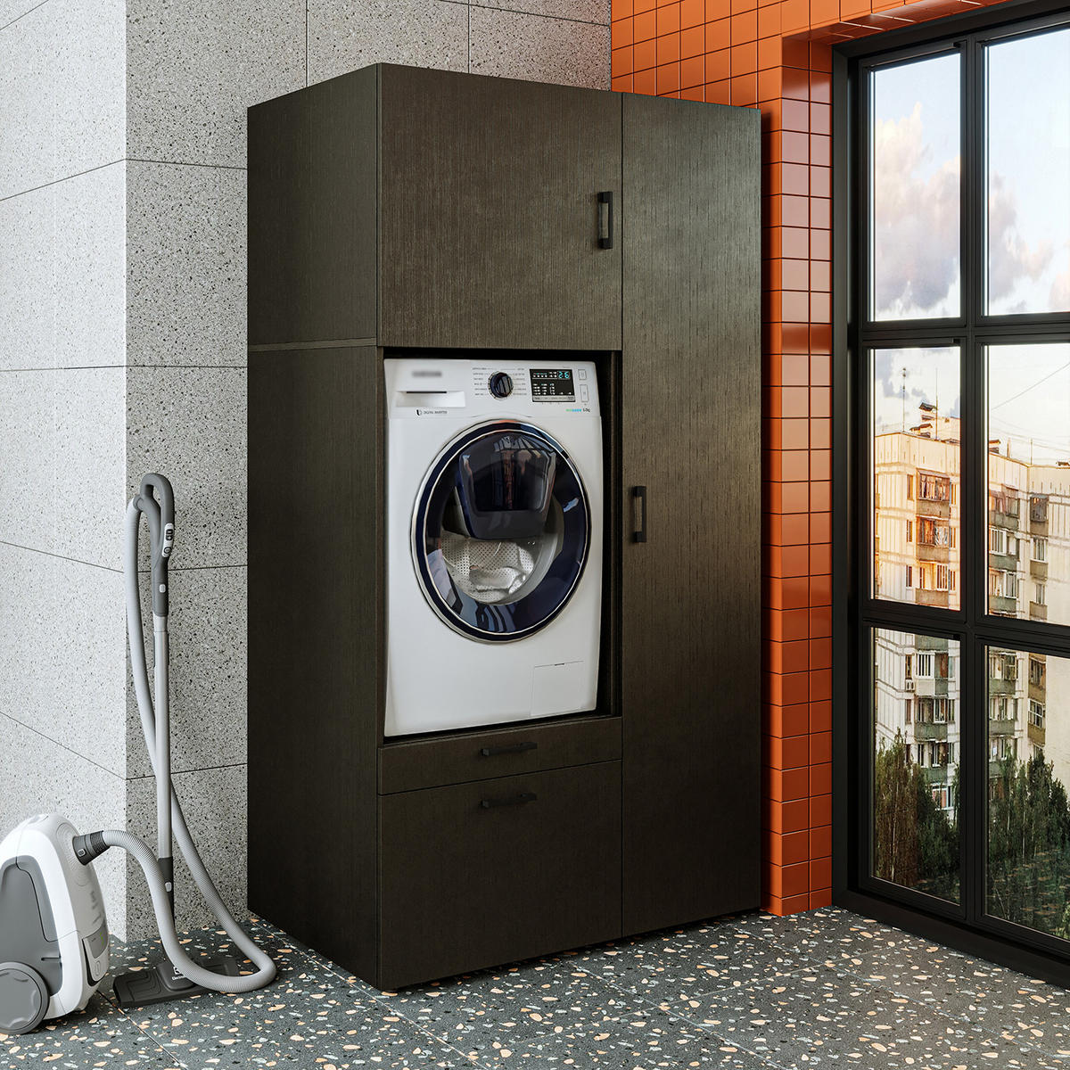 WASCHMASCHINENSCHRANK Serie 2 112cm Breit, 205cm Hoch - Schwarz, Holzwerkstoff (112/205/67cm)