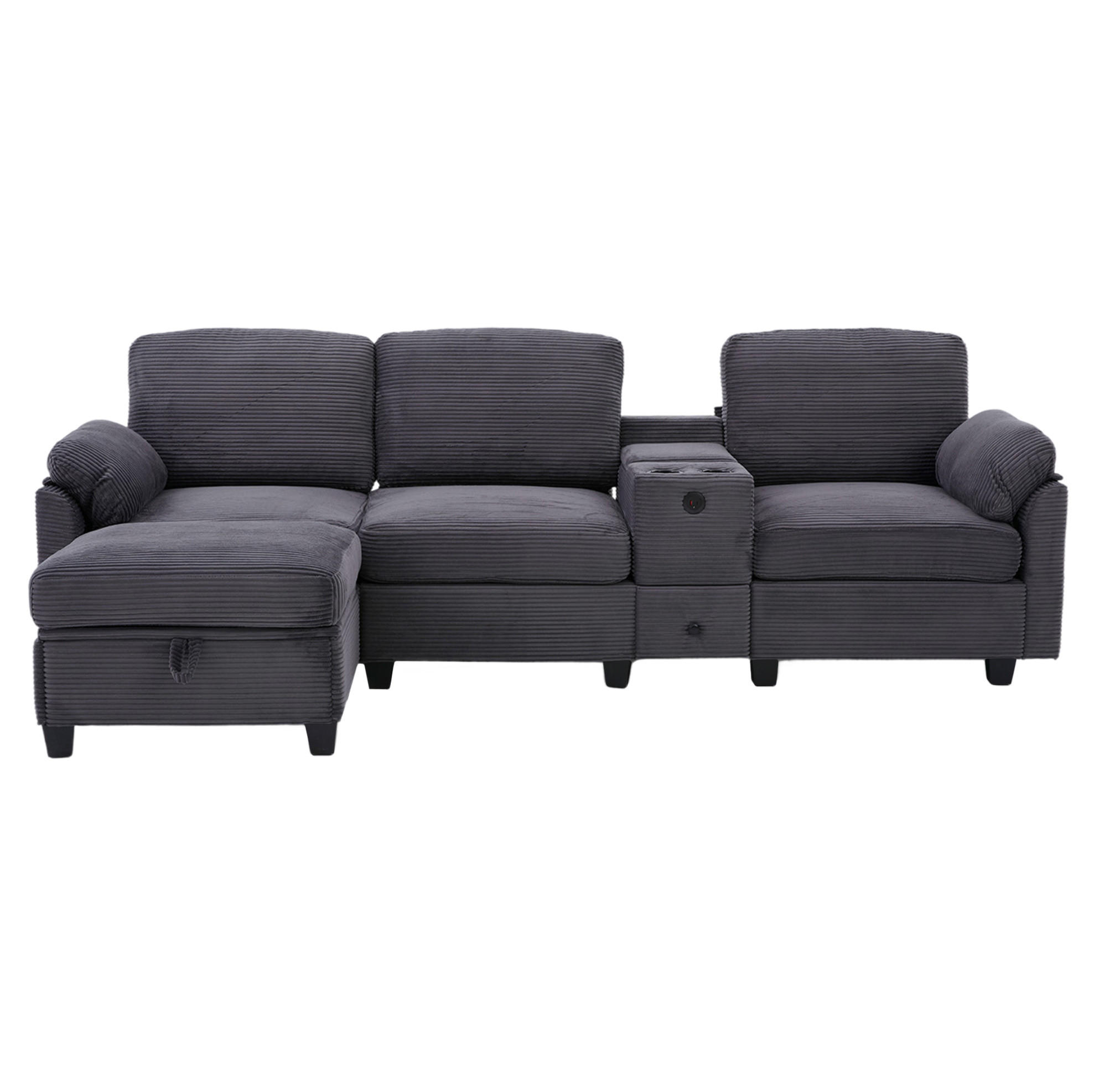 ECKSOFA aus Cord 266x136x82 cm Dunkelgrau mit USB-C-Anschluss, verschiebbarer Mittelkonsole und Stauraumhocker - Dunkelgrau, Textil (136/266cm) - Modfu