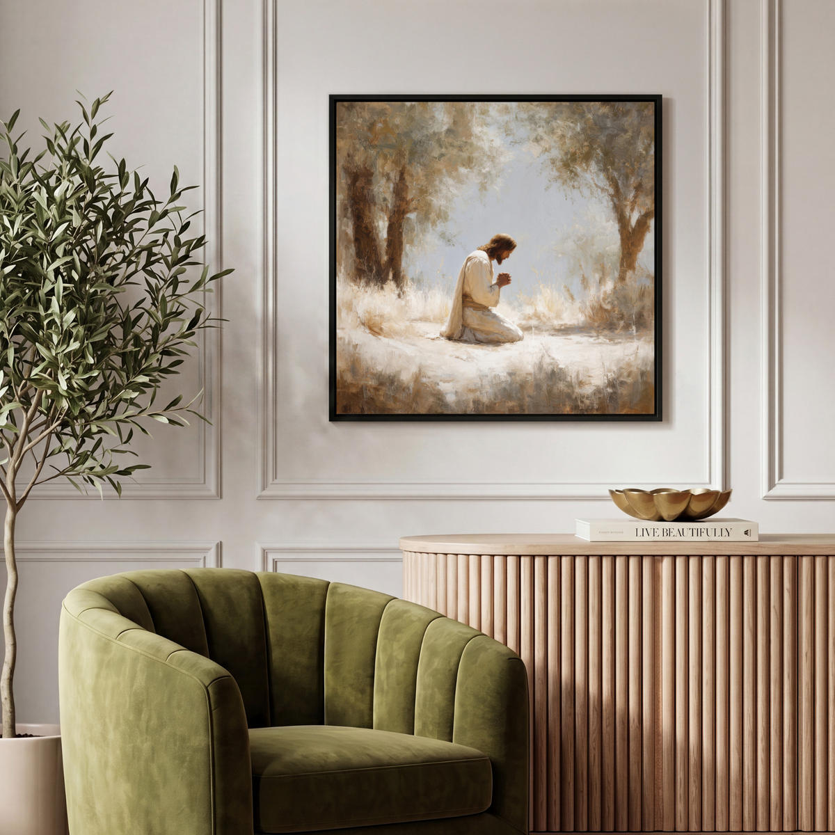 LEINWAND Bilder mit Rahmen - Jesus - Kniend - Waldlandschaft - Betend - 50x50 - Beige, Textil (50/50cm) - MuchoWow