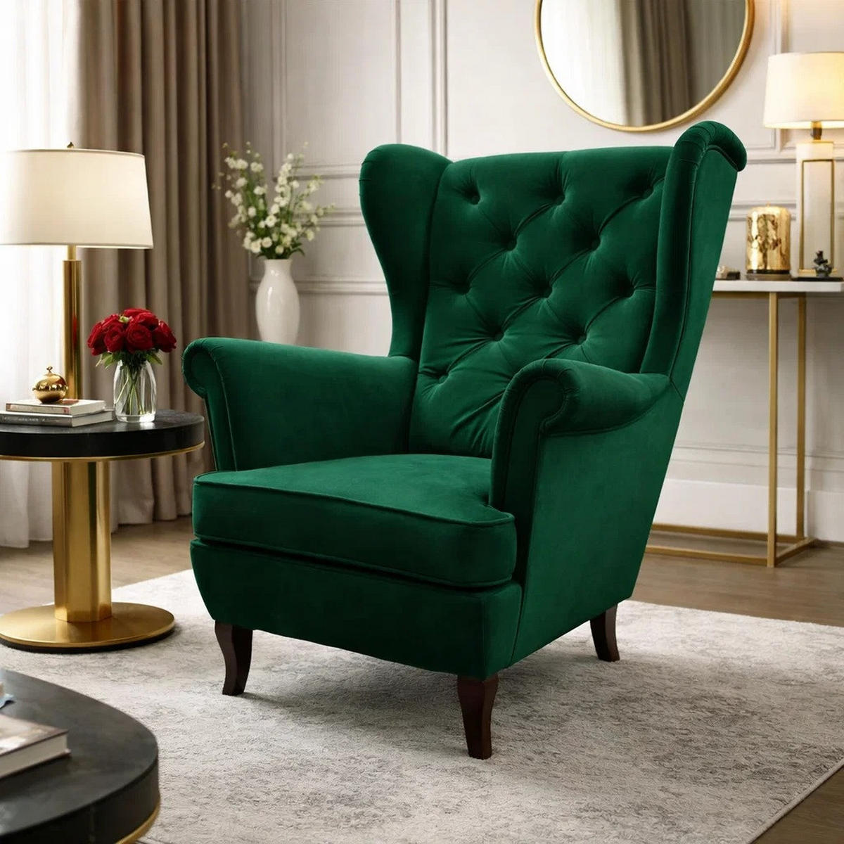 CHESTERFIELD-SESSEL Falco grün mit Holzbeinen - Wengefarben/Grün, Holz/Textil (82/102/92cm) - Beautysofa