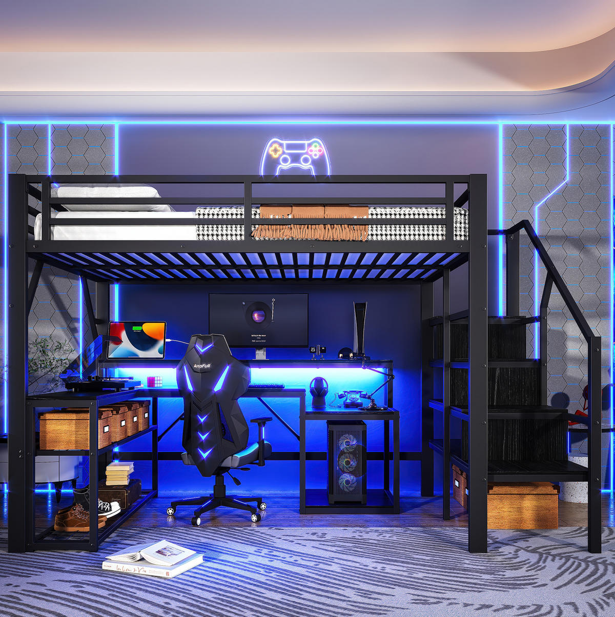 HOCHBETT 140/200 cm in Schwarz – mit Schreibtisch, LED und Stauraumtreppe - Schwarz, Metall (140/200cm) - BEAOK