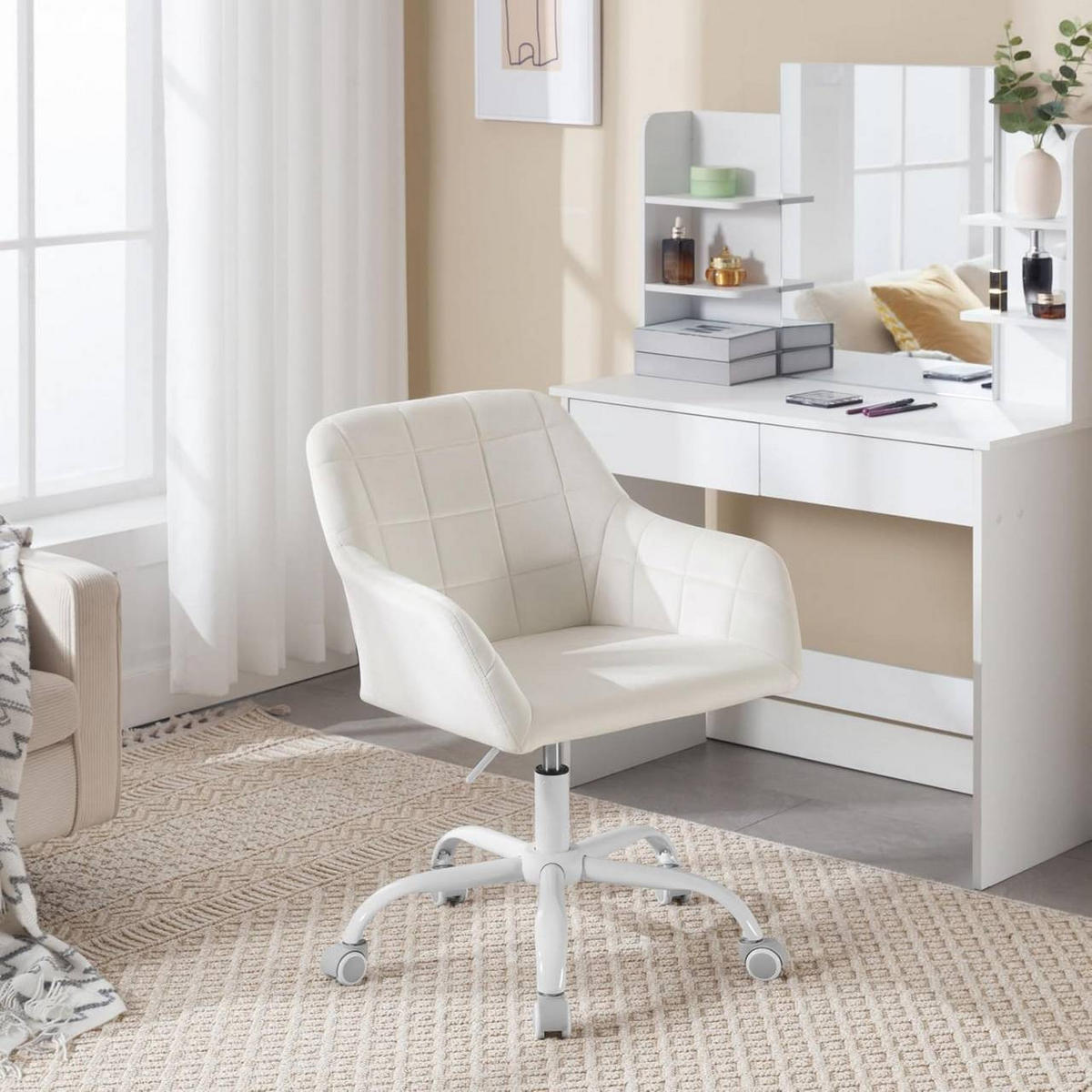 DREHSTUHL drehbar, Bürostuhl ergonomisch, Samt, Cremeweiß - Creme/Weiß, Kunststoff/Textil (58/77/61cm) - Woltu