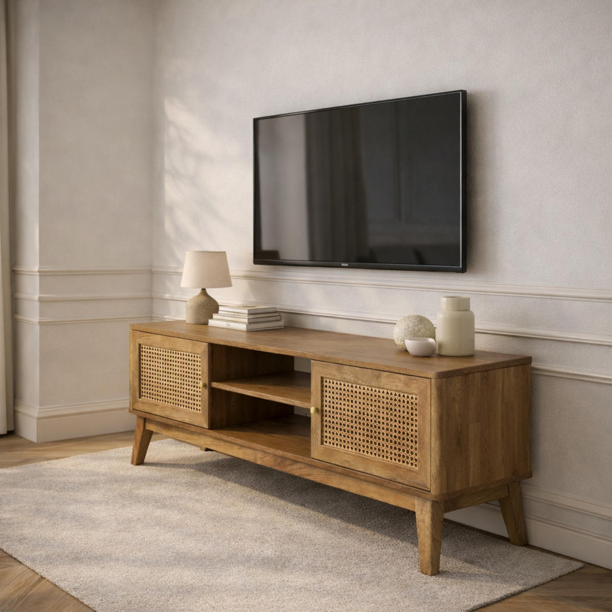 TV-MÖBEL 2 türen mit rattan-geflecht palmo 39/49/140 cm - Eschefarben, Holzwerkstoff (140/49/11cm) - Calicosy