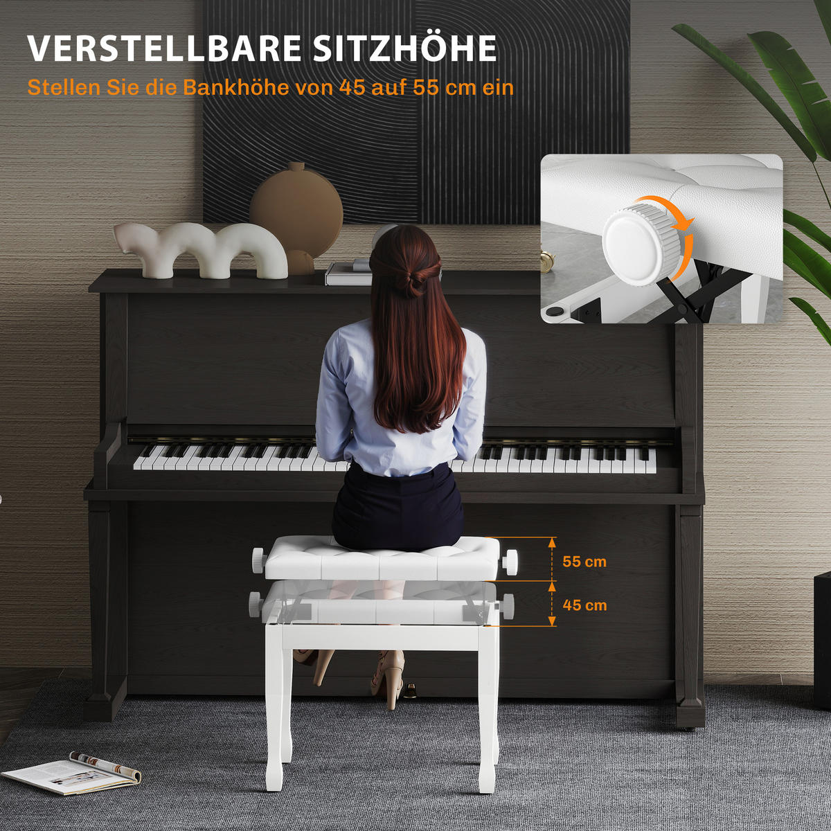 KLAVIERHOCKER DE-07223 höhenverstellbar mit Kunstleder Weiß - Weiß, Holz (35/55/64cm) - ComfortXL