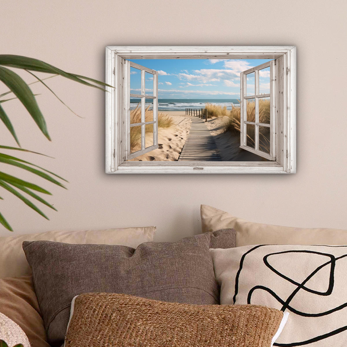 LEINWANDBILD Fenster - Meer - Küste - Natur - Ausblick - Strand - Wattenmeer Deko Schlafzimmer 30x20 cm - Beige, Textil (30/20cm) - MuchoWow