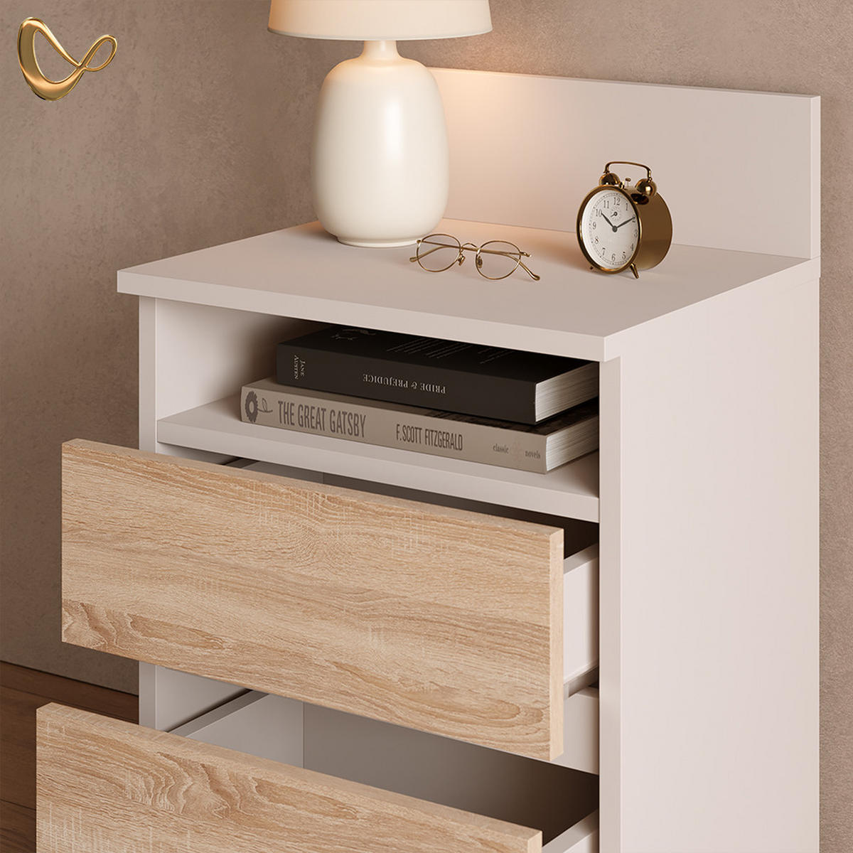 NACHTTISCH Roya, Weiß/Sonoma, 2er Set - Weiß/Sonoma Eiche, Holzwerkstoff (39.6/59.1/32.3cm) - Livinity®